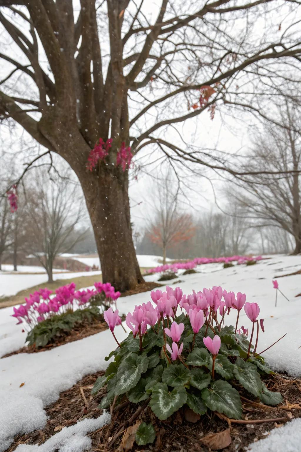 Cyclamen adding color to the winter landscape beneath a maple.