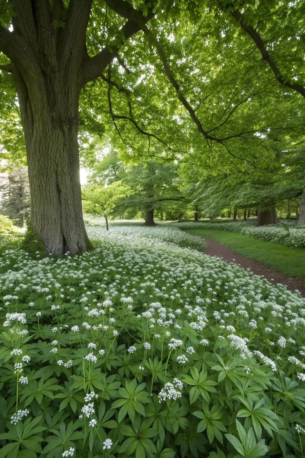 Sweet woodruff providing a fragrant ground cover beneath a maple tree.