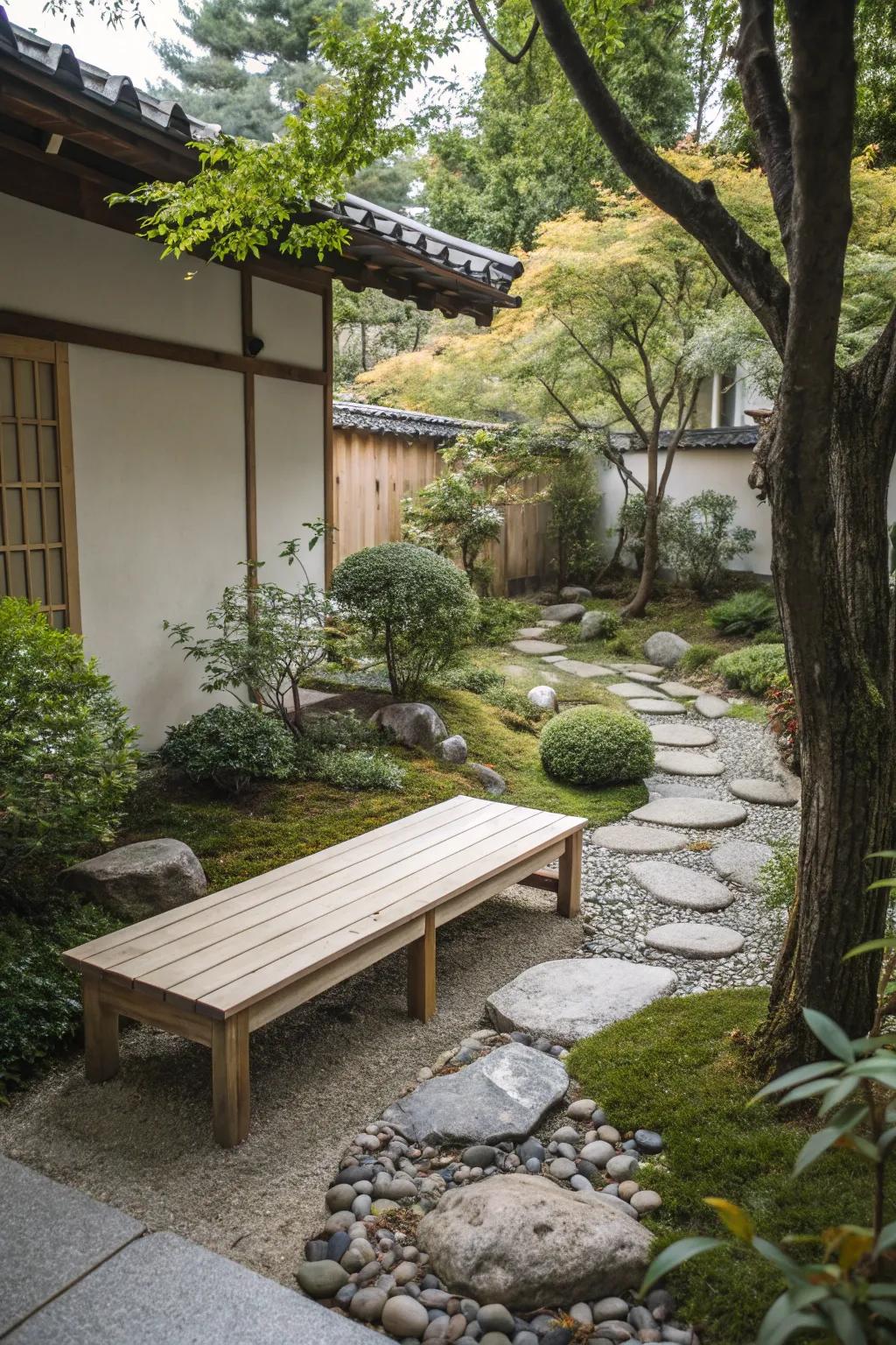 A minimalist bench provides a spot for reflection.
