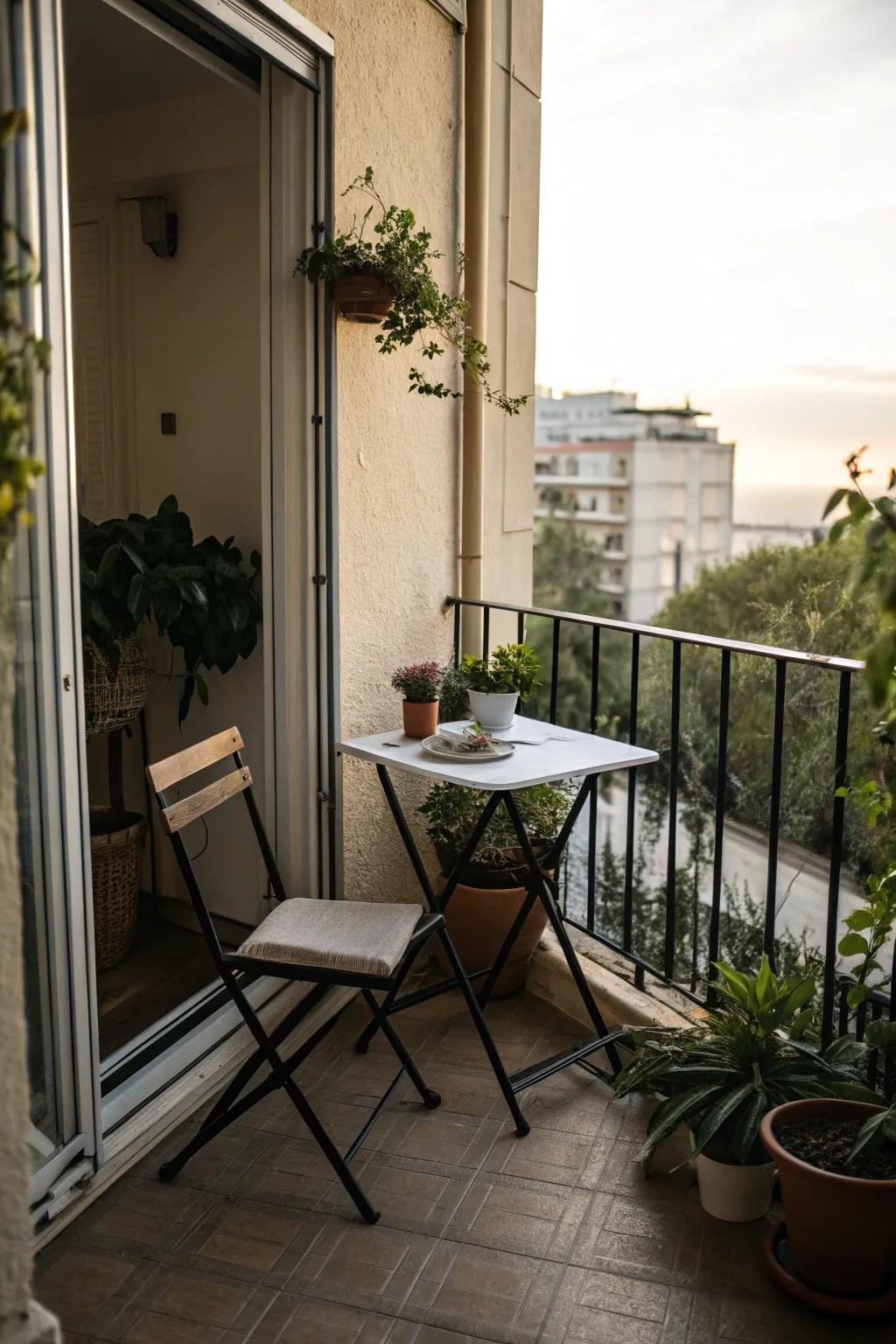 A small balcony featuring a compact table and chair set for cozy outdoor dining.