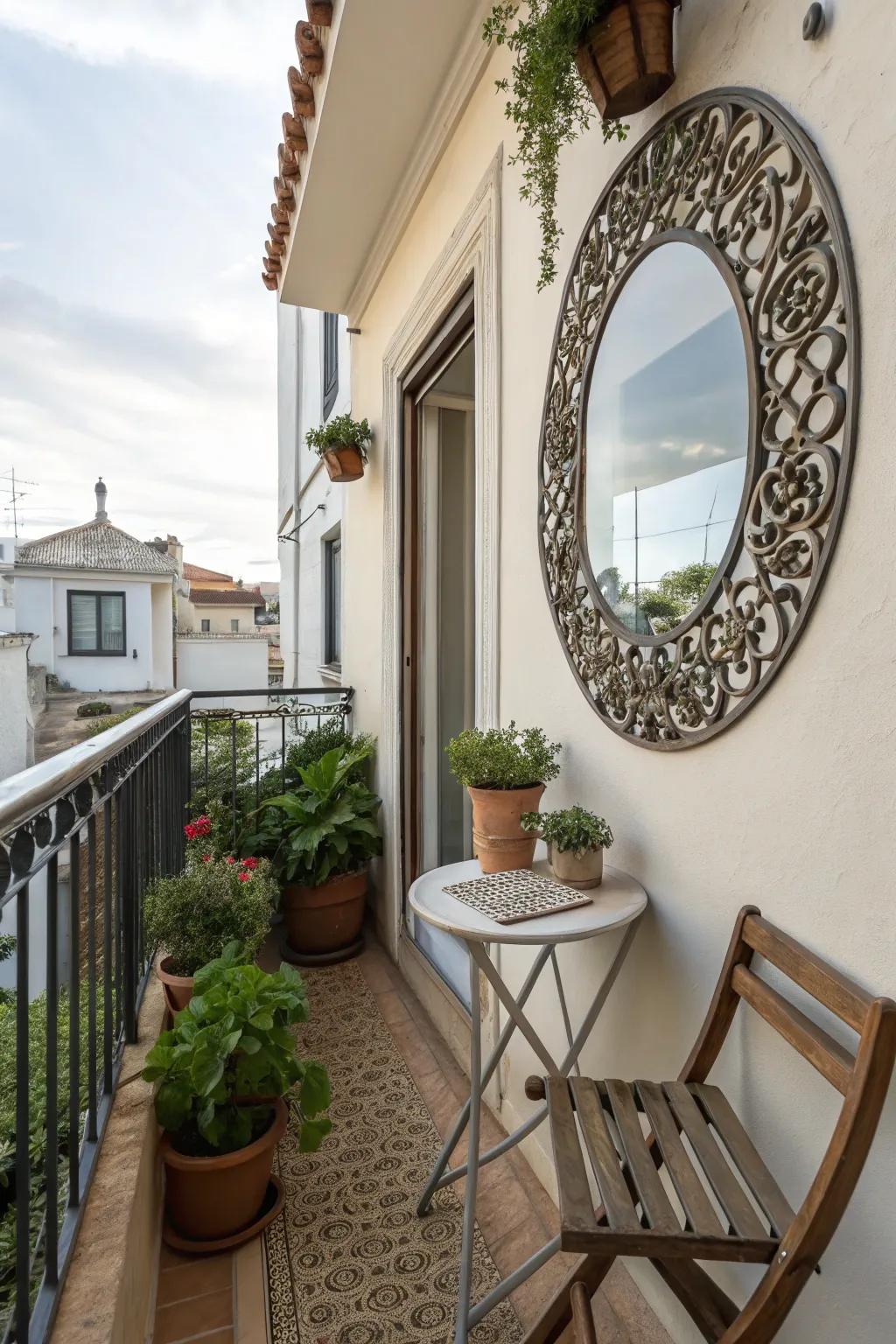 A small balcony featuring a decorative mirror, enhancing the sense of space.