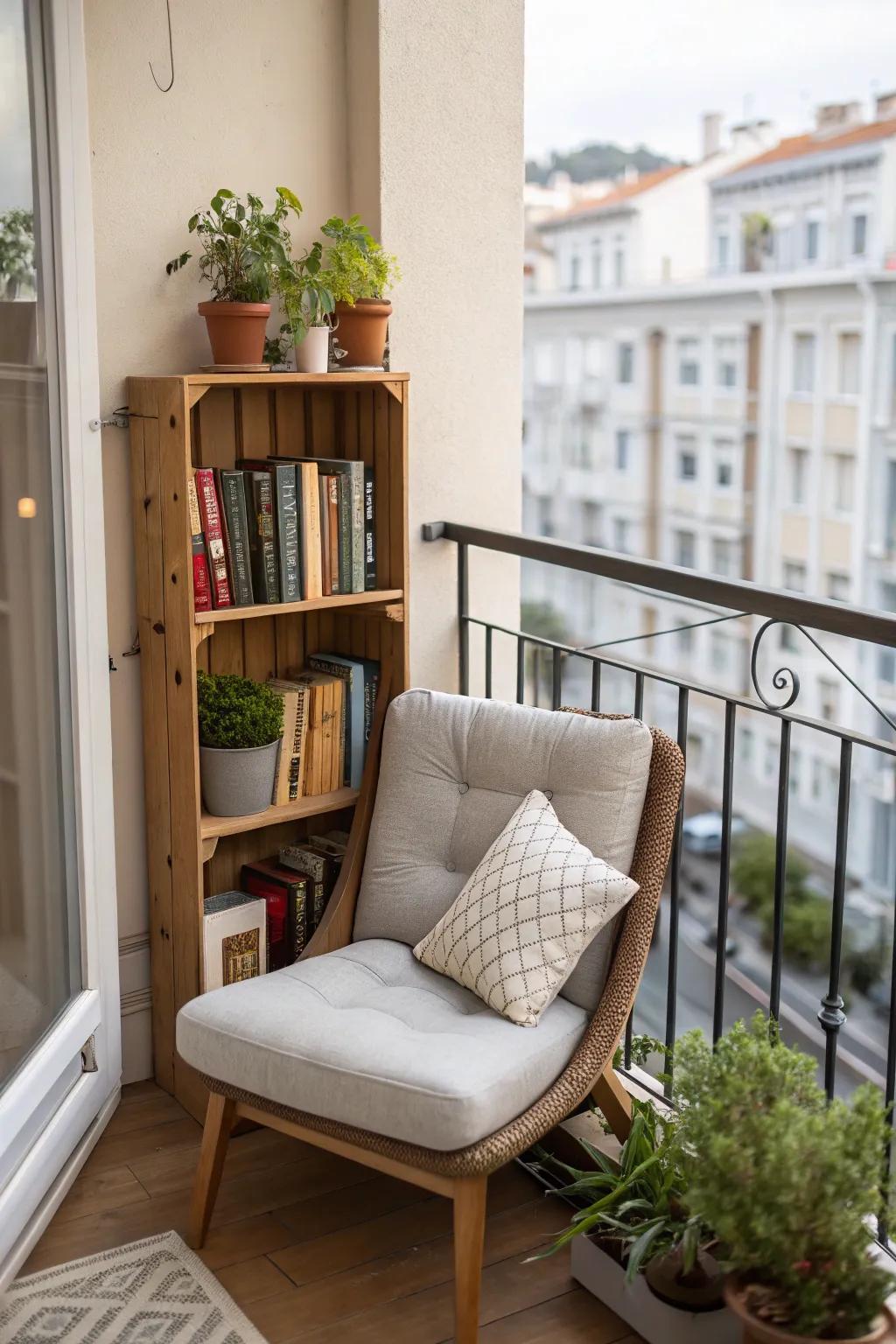 A small balcony designed as a cozy reading nook with a chair and bookshelf.