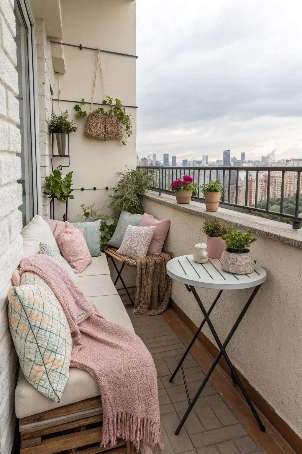 A small balcony with vibrant cushions and throw blankets adding color and comfort.