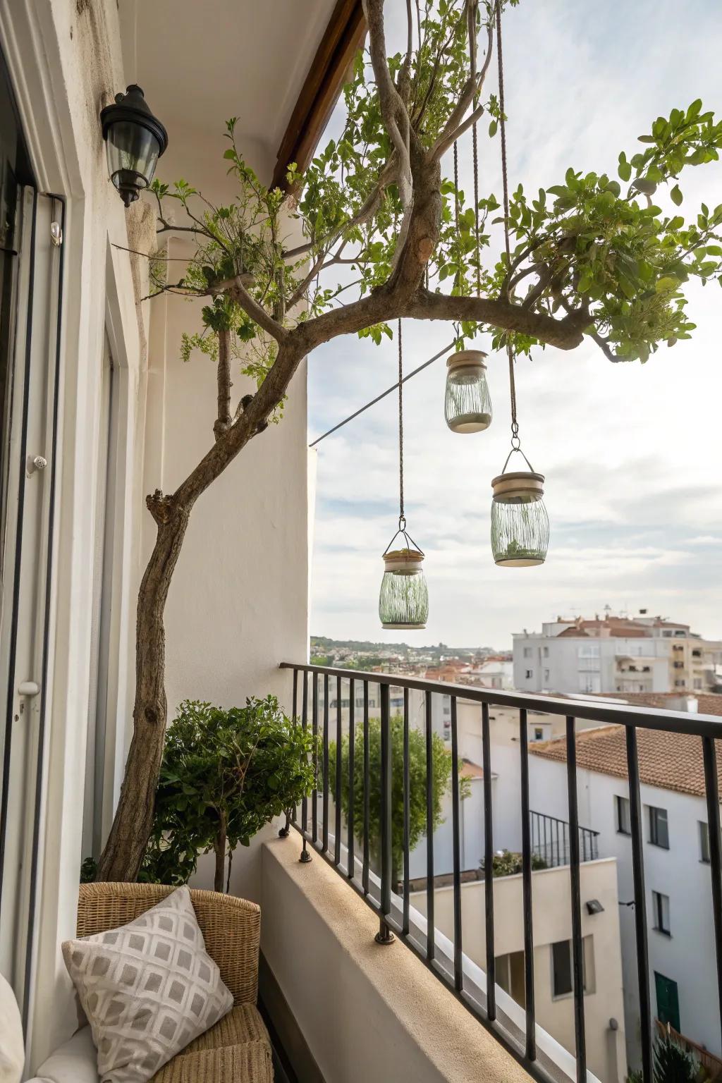 A small balcony adorned with a tree branch decoration, featuring hanging jars.