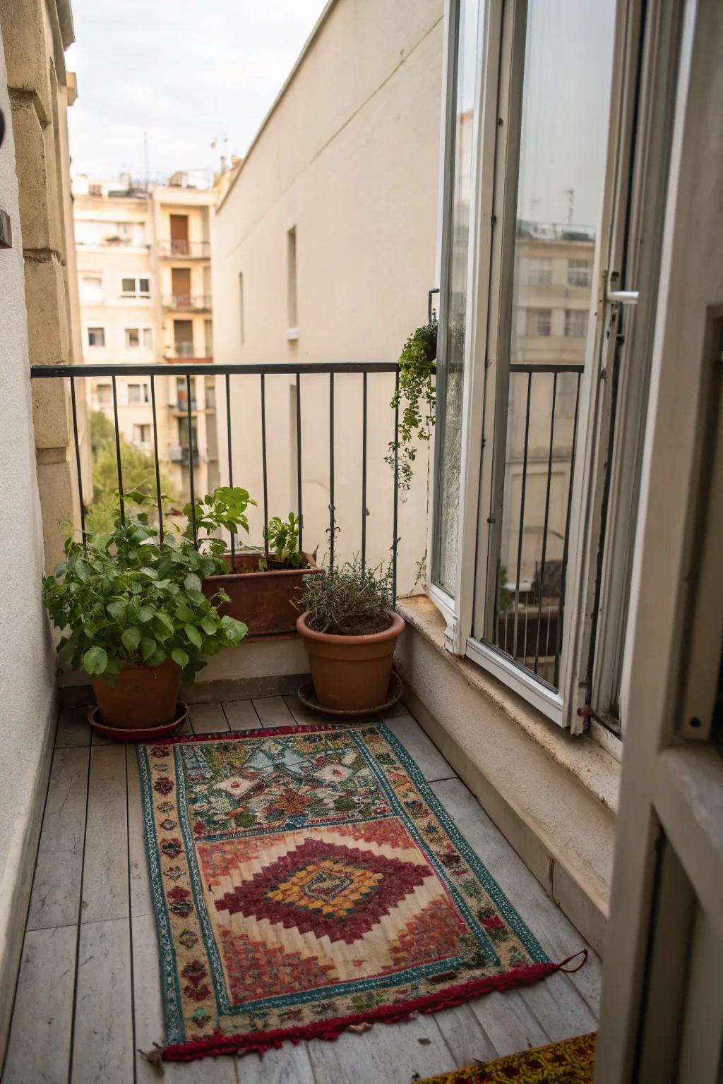 A small balcony featuring a repurposed rug, creating a cozy and defined area.