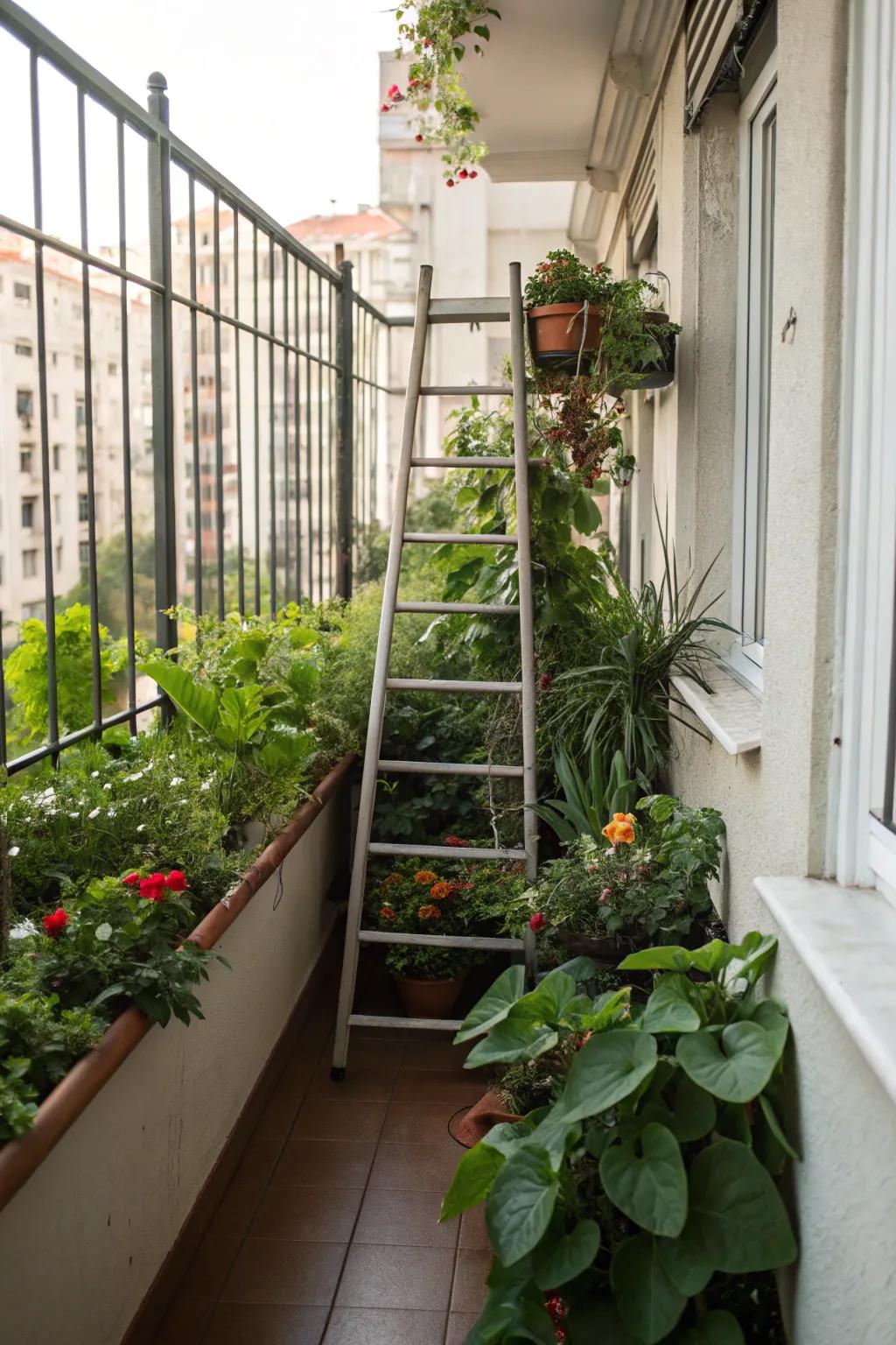 A small balcony with a plant ladder displaying a variety of green plants.