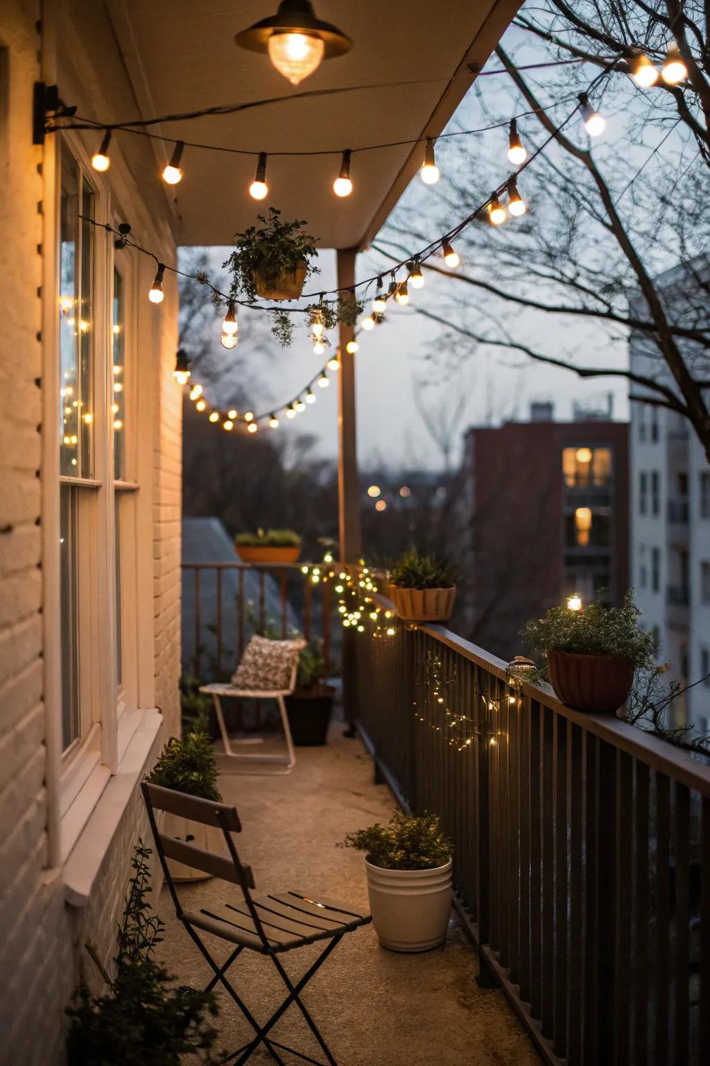 A small balcony illuminated by string lights, creating a cozy nighttime atmosphere.