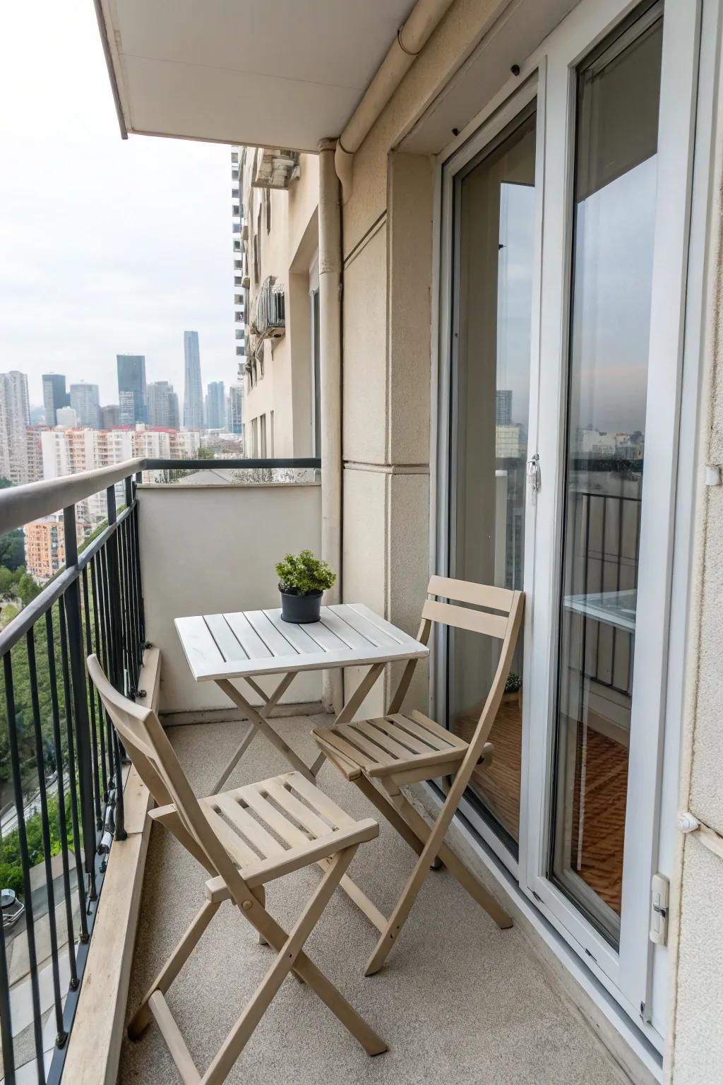 A small balcony featuring a folding furniture set, ideal for saving space.