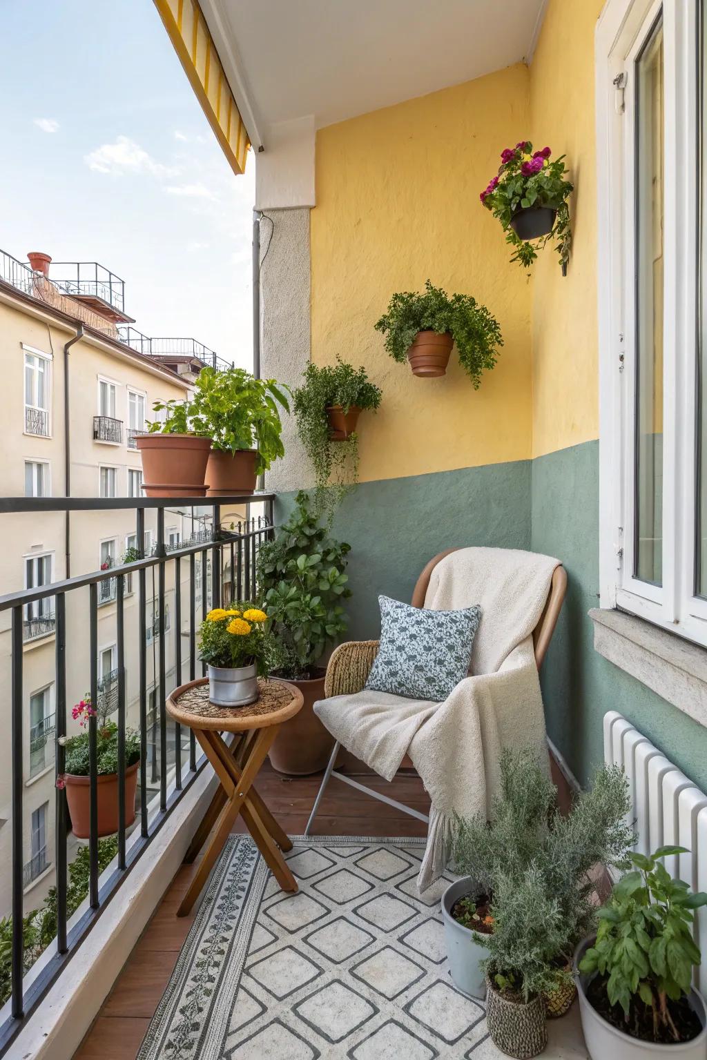A small balcony with a vibrant painted accent wall, adding a splash of color.