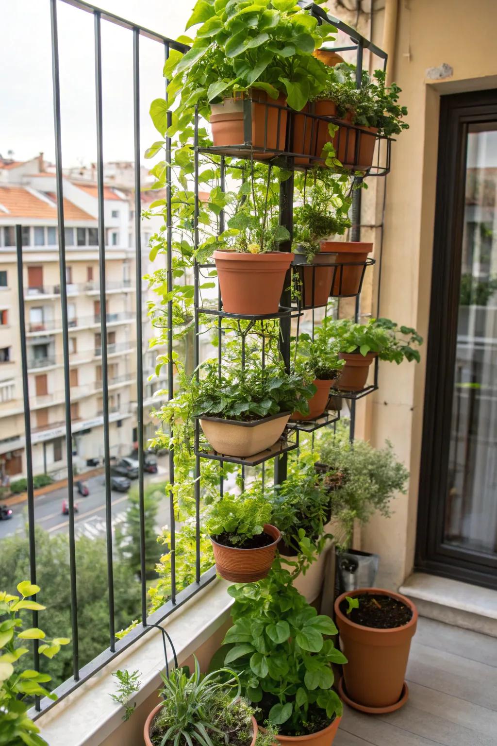 A vertical garden showcasing potted plants neatly arranged on a small balcony wall.