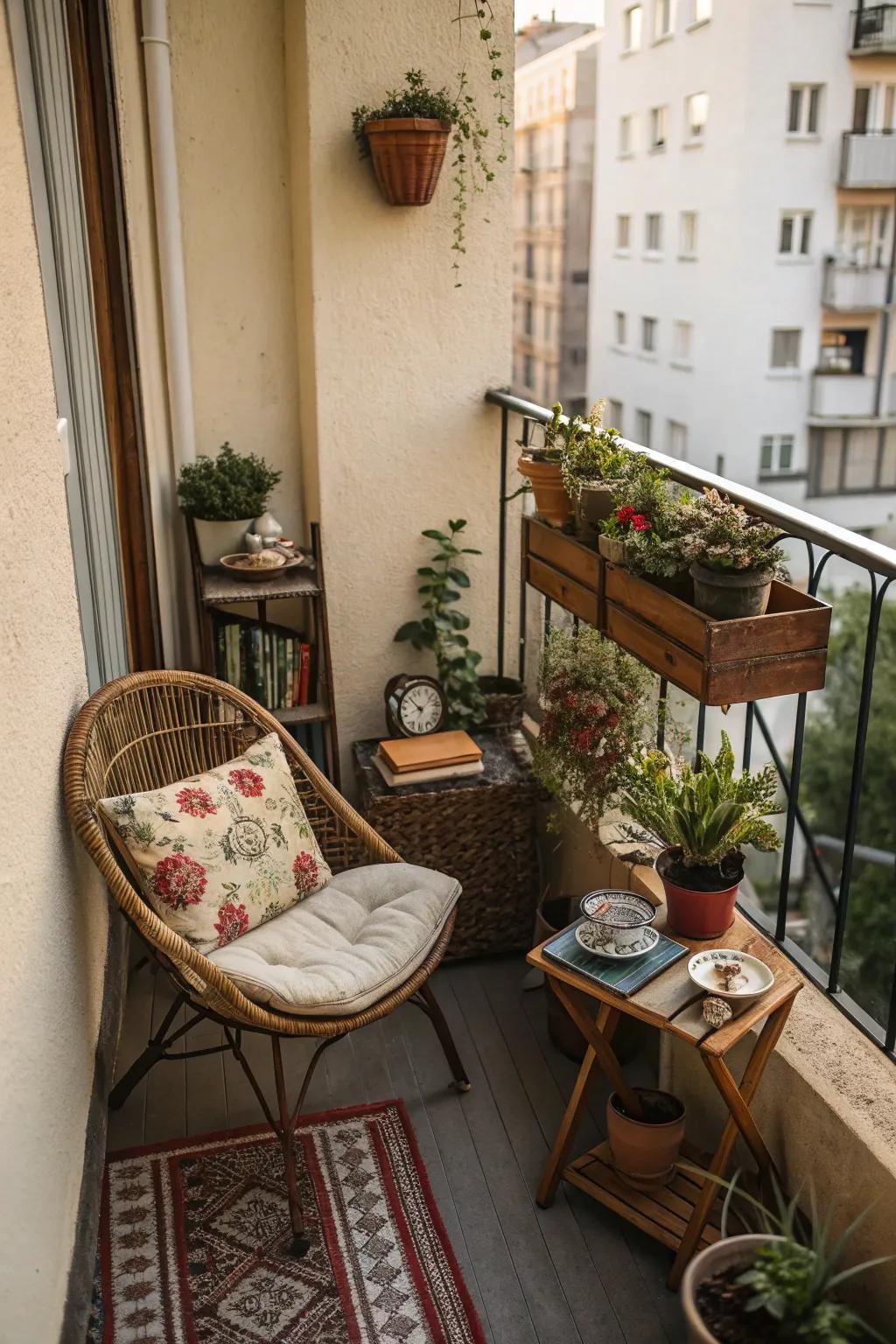 A small balcony decorated with repurposed vintage knick-knacks, adding character.