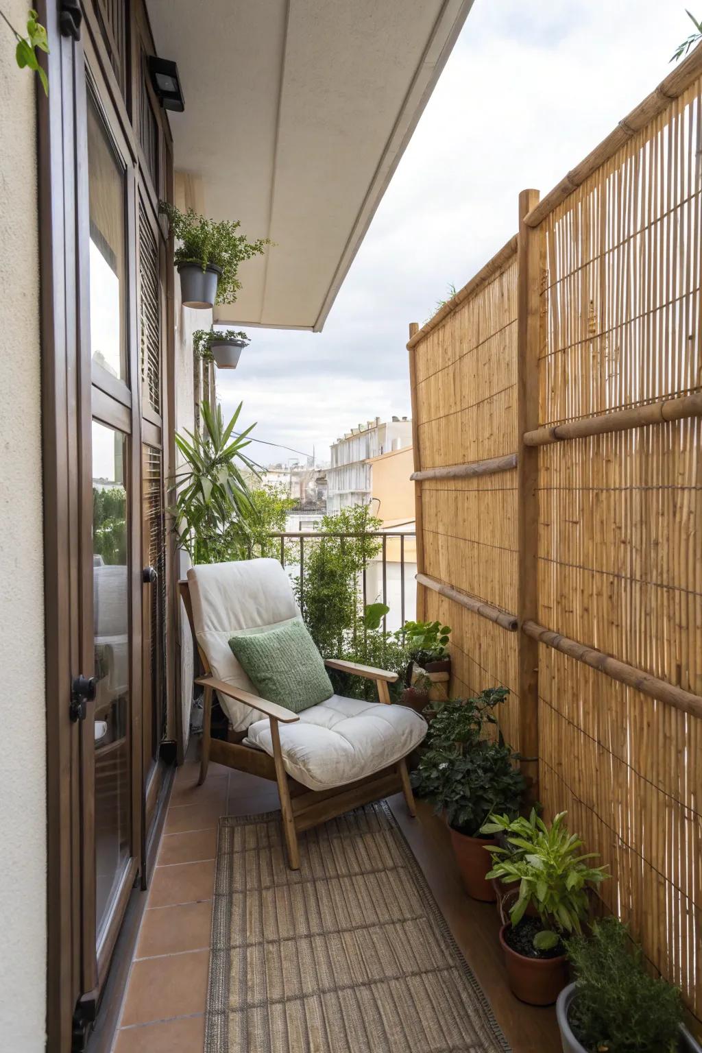 A small balcony with bamboo screens, offering both privacy and style.