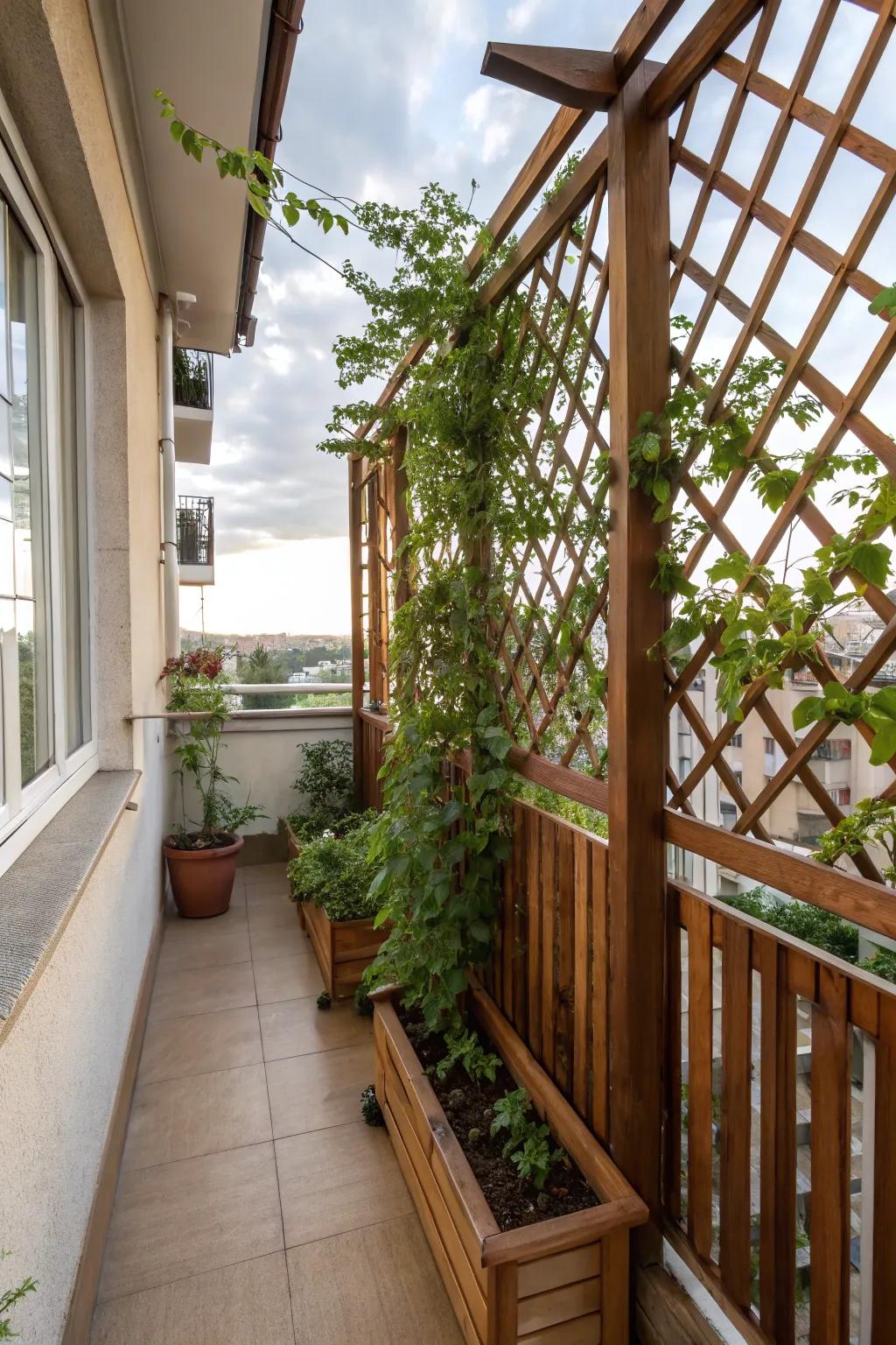 A small balcony featuring a DIY wooden trellis adorned with climbing plants.