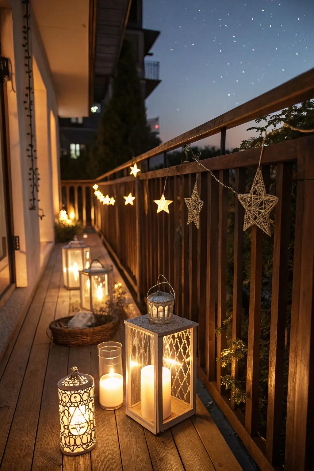 A small balcony featuring lanterns with candles, casting a warm glow.