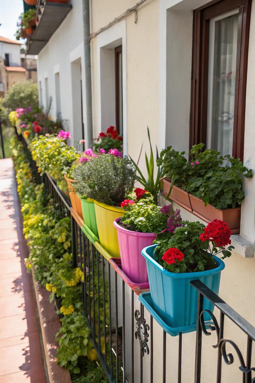 A small balcony with vibrant painted planters, adding color and charm.