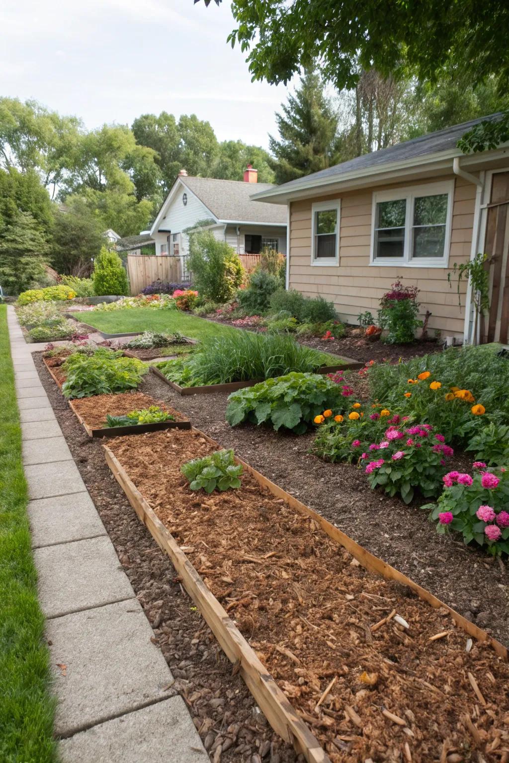 Defined spaces with mulch enhance garden structure.