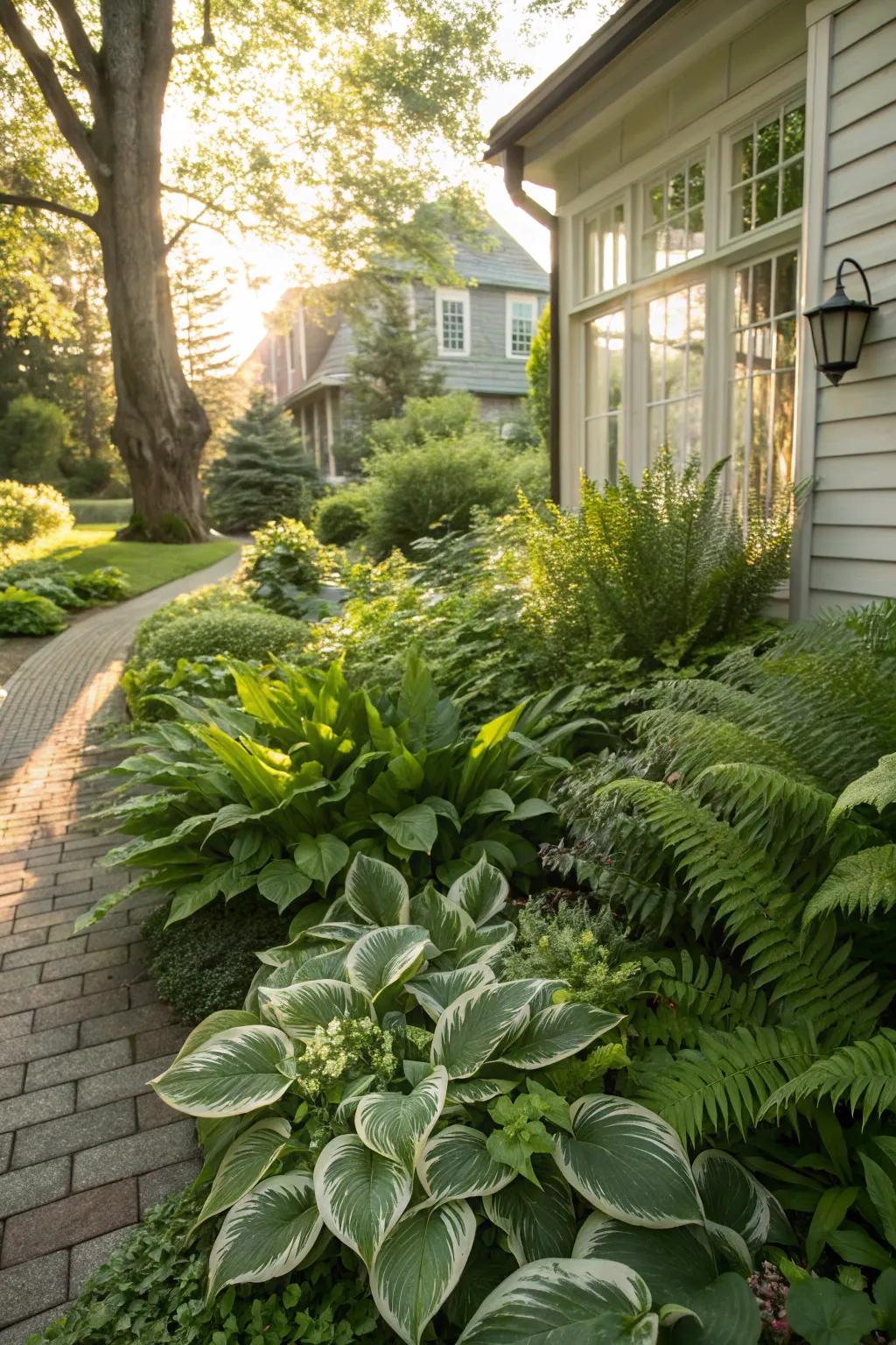 Hostas and ferns thriving in the morning sun.