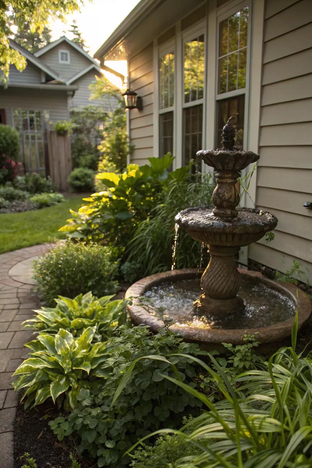 A water feature adds tranquility and charm.