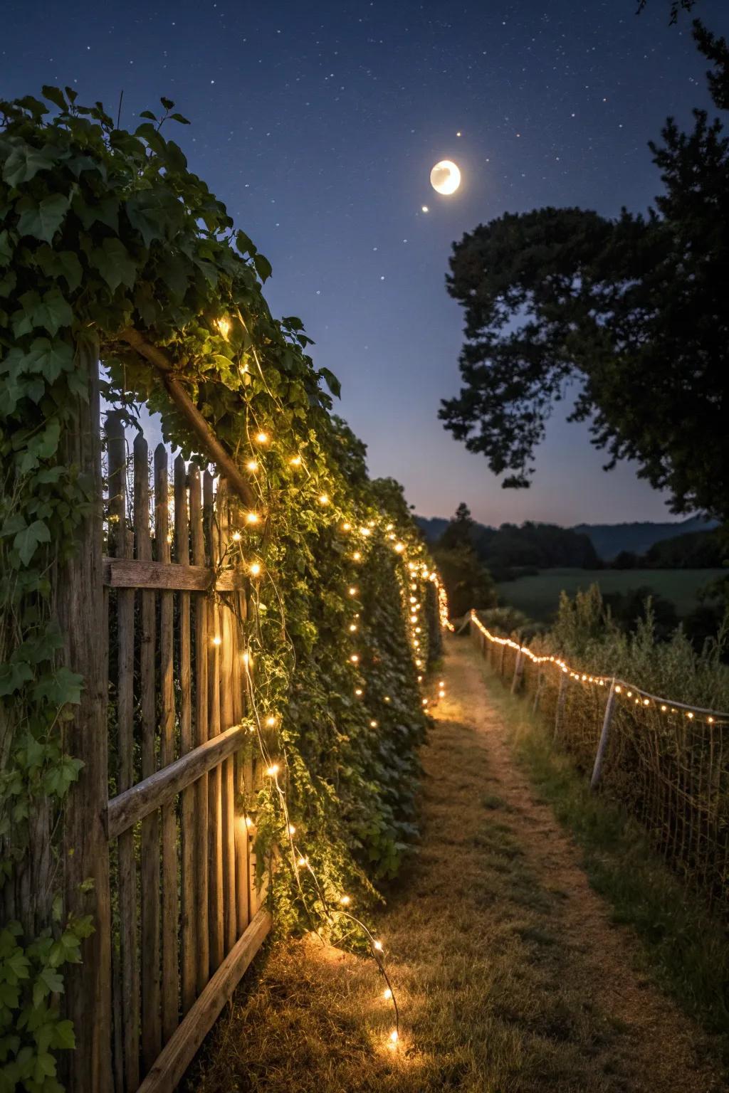 Strategic lighting transforms vine fences into evening attractions.