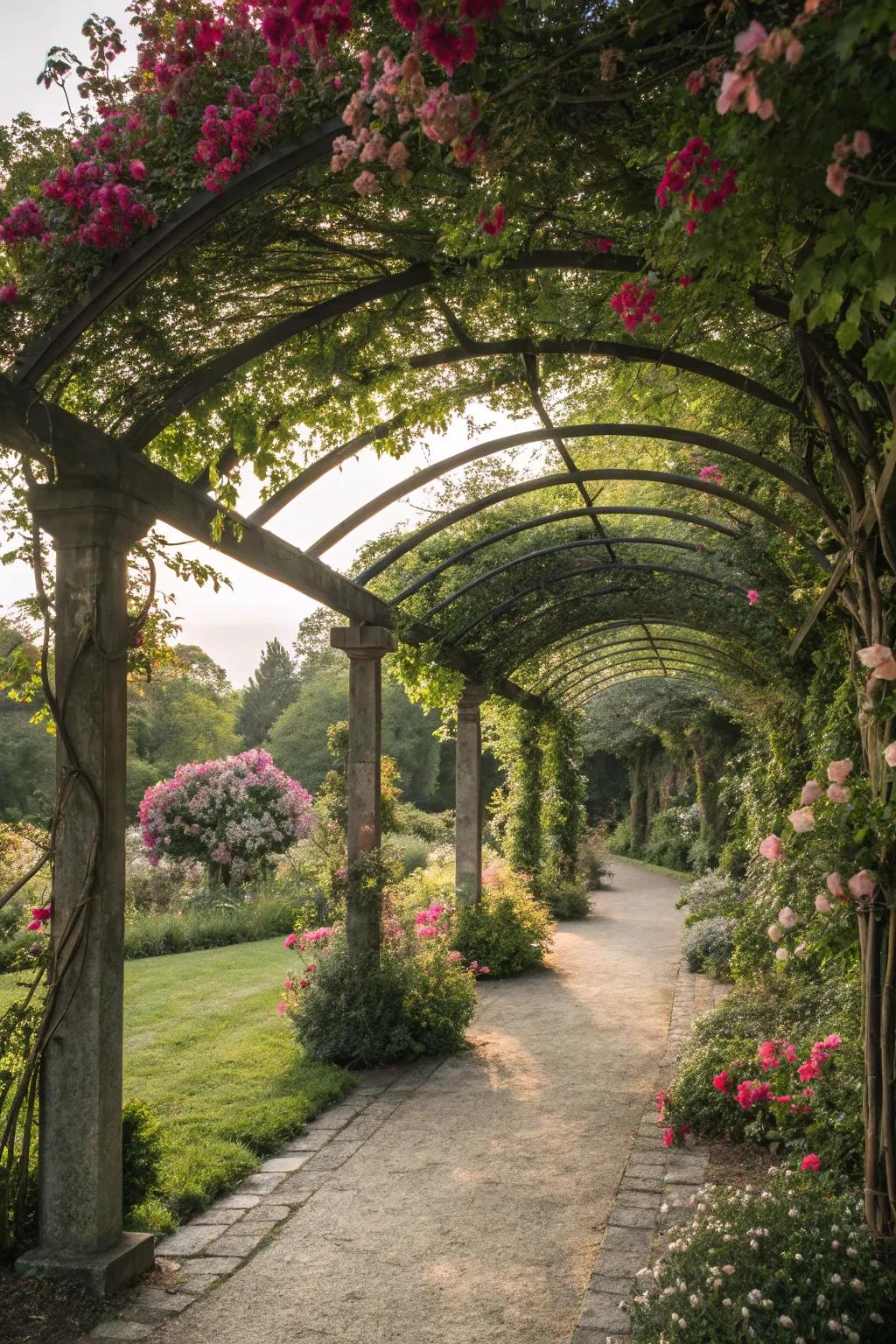 Arches and pergolas create enchanting walkways with cascading vines.