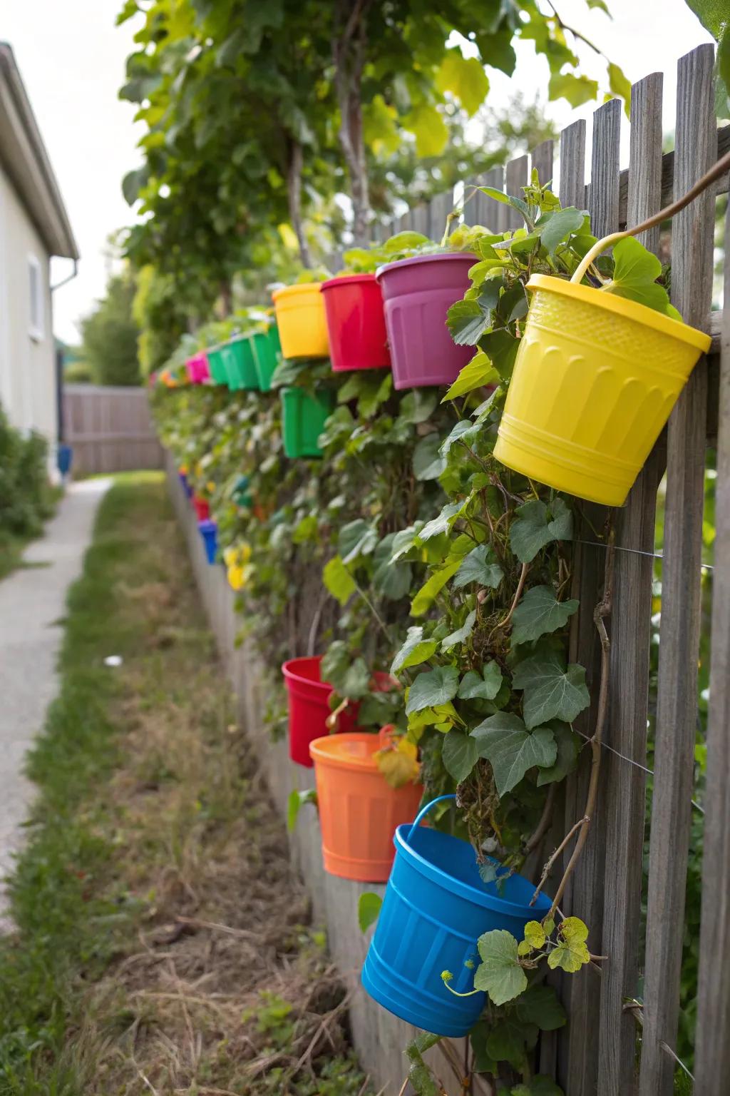 Colorful containers add a whimsical touch to vine fences.