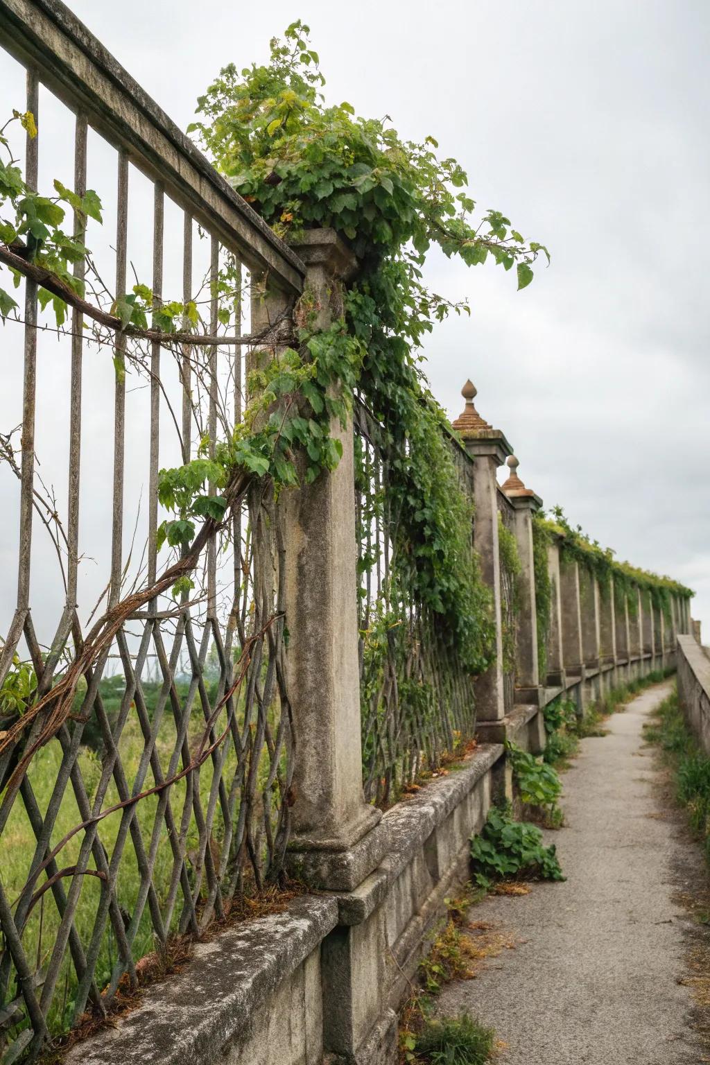 Diagonal patterns add an artistic flair to vine-covered fences.