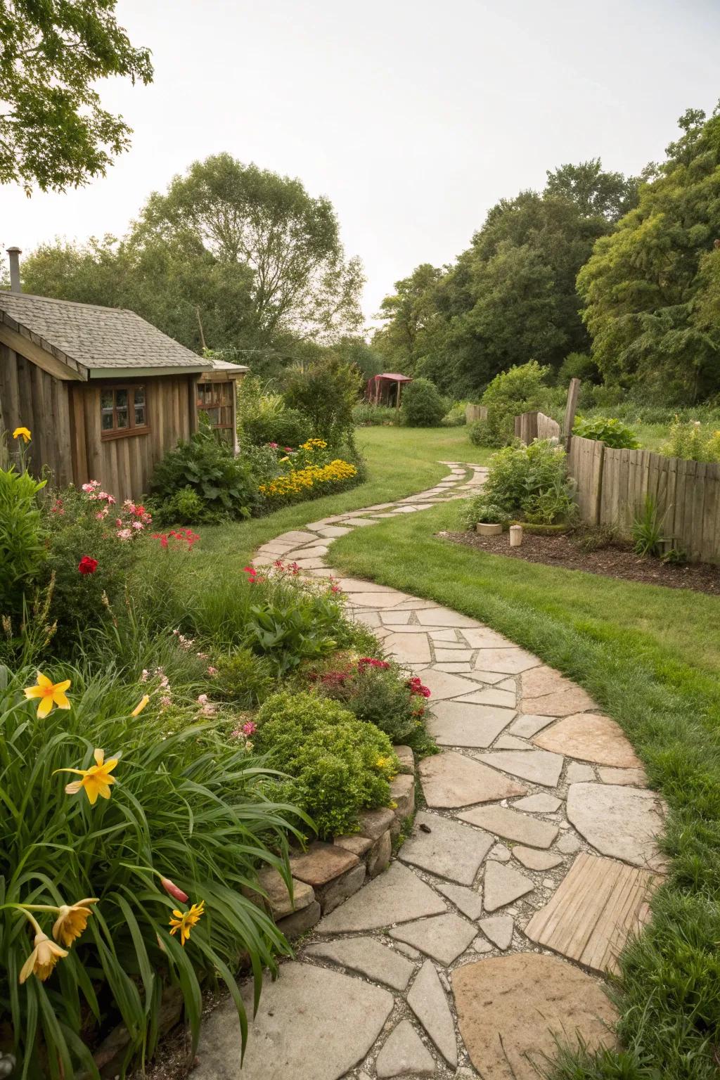 A rustic backyard featuring a winding stone pathway that blends seamlessly with the surrounding greenery.