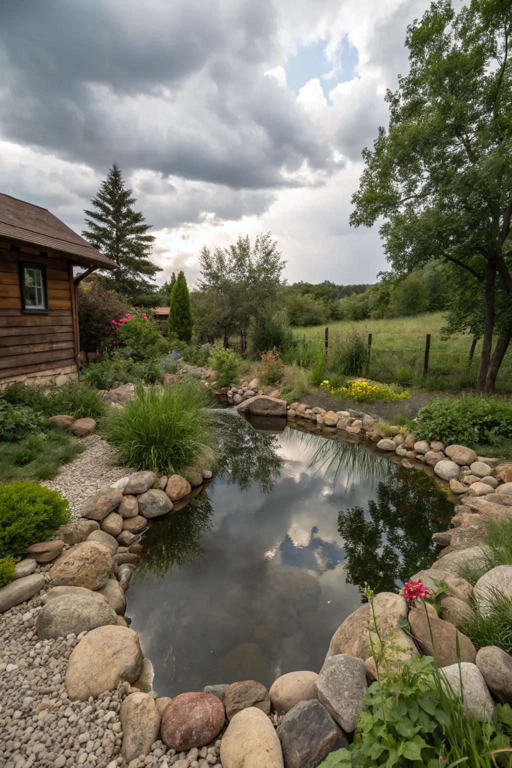 A tranquil pond with natural stone edging in a rustic backyard.