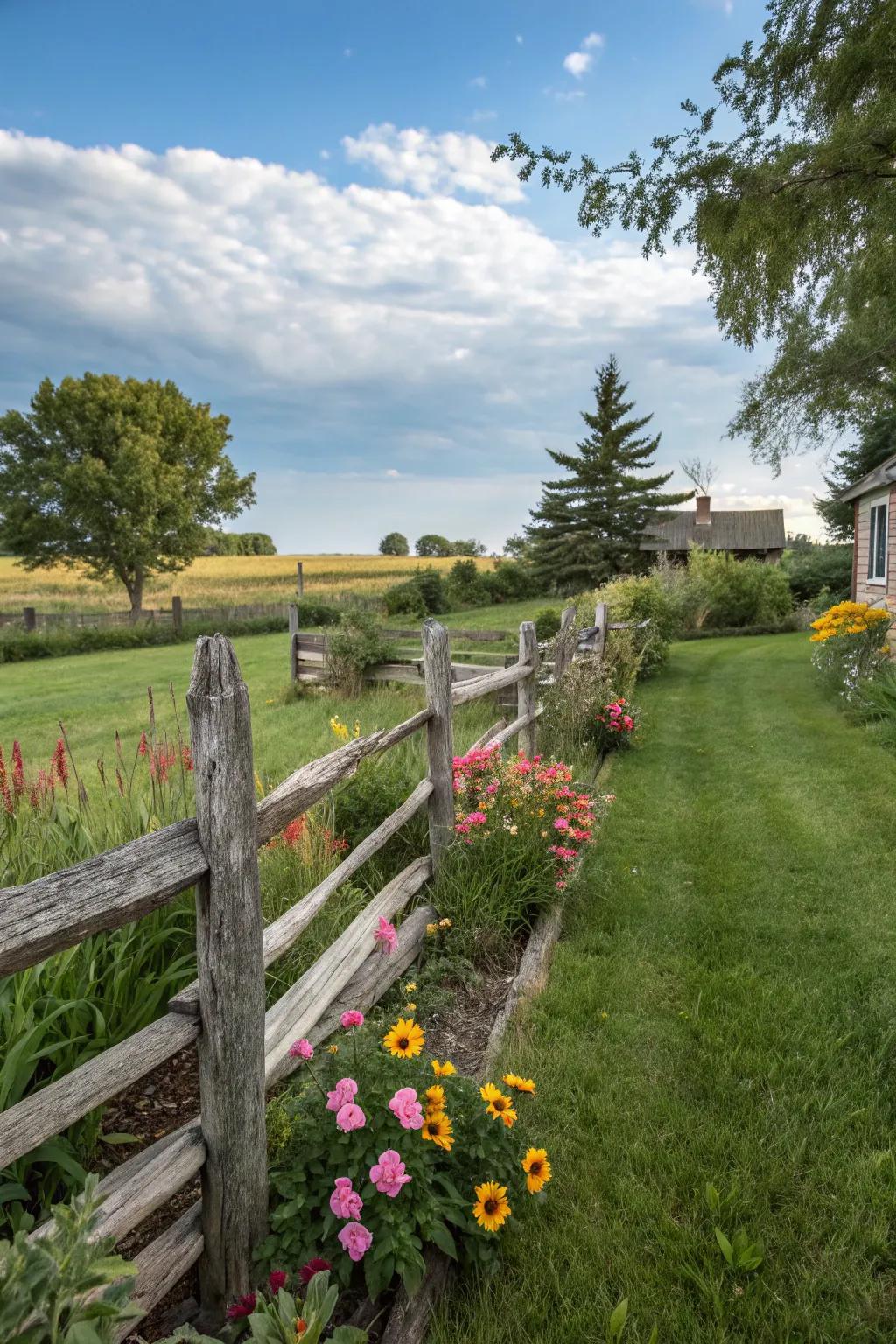 A split-rail wooden fence adds rustic charm and defines the backyard space.