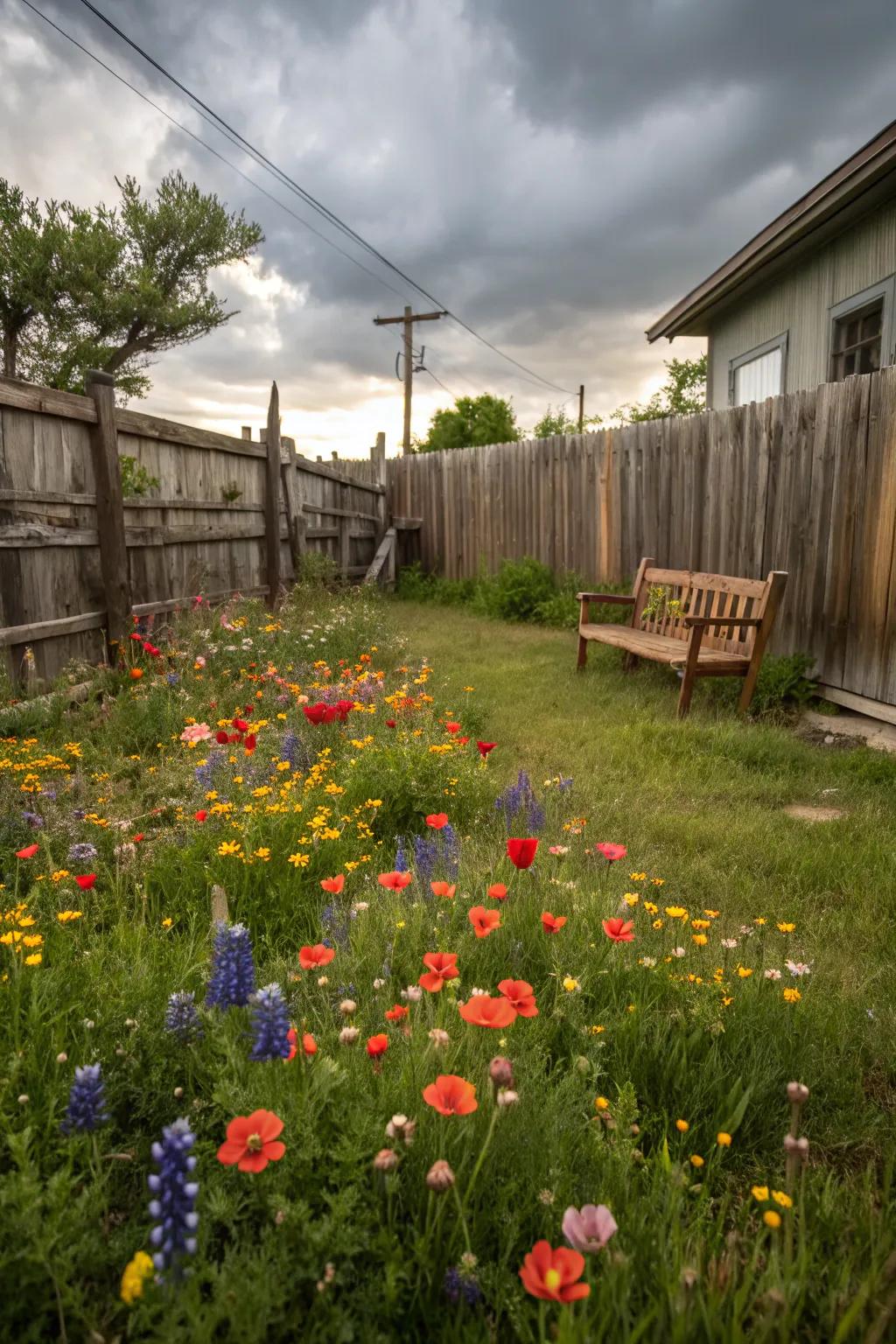A colorful wildflower meadow buzzing with life in a rustic backyard.