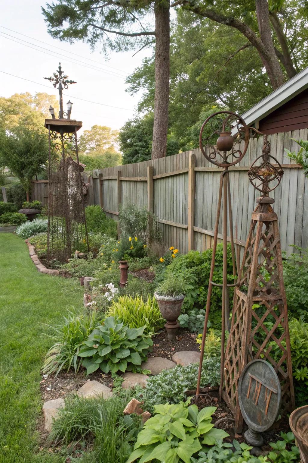 Metal sculptures add a touch of artistry and intrigue to a rustic backyard.