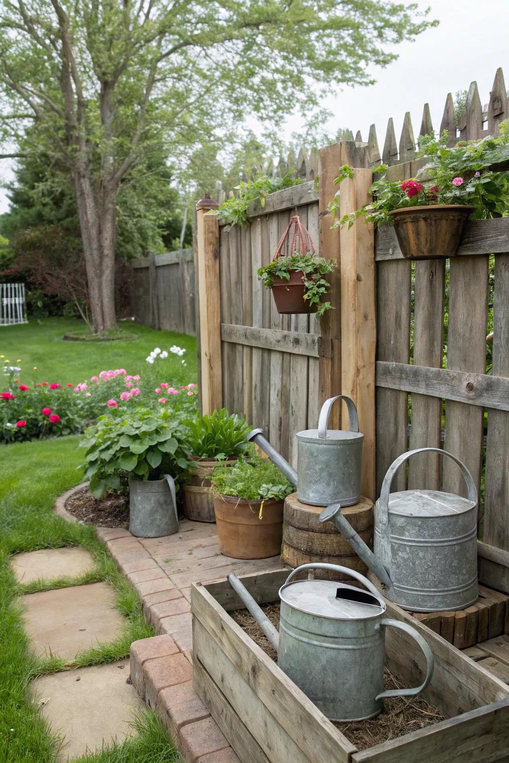 Vintage watering cans and planters add character to a rustic garden corner.