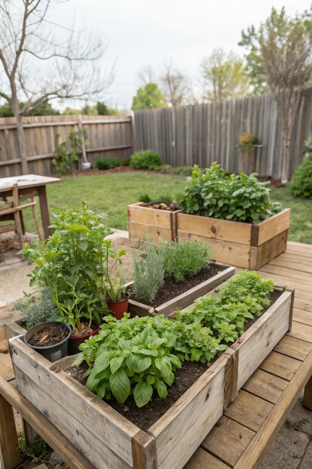 A charming herb garden in wooden boxes offers fresh flavors and rustic appeal.