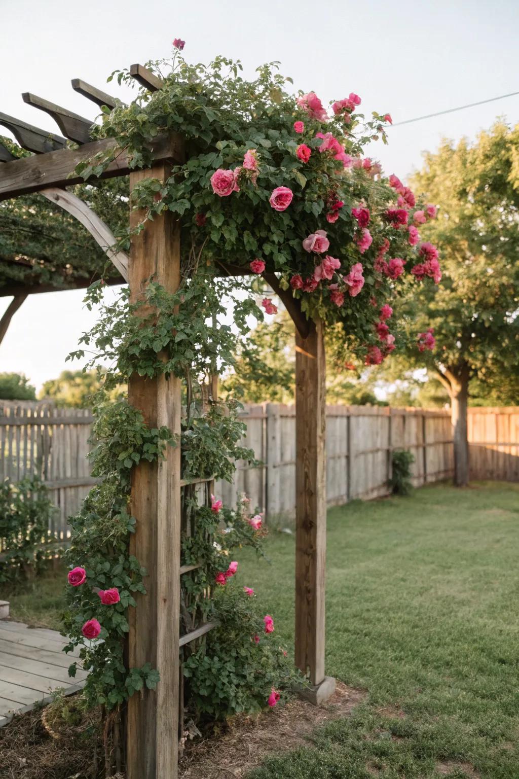 A wooden arbor draped in climbing roses frames the entrance to a rustic backyard.