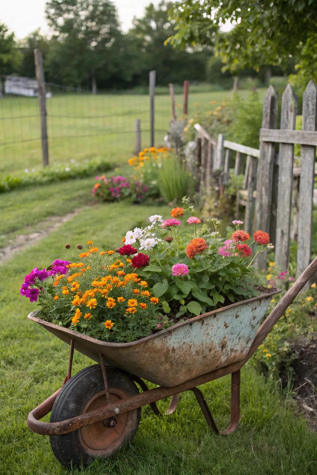 A vintage wheelbarrow repurposed as a charming planter in a rustic backyard.