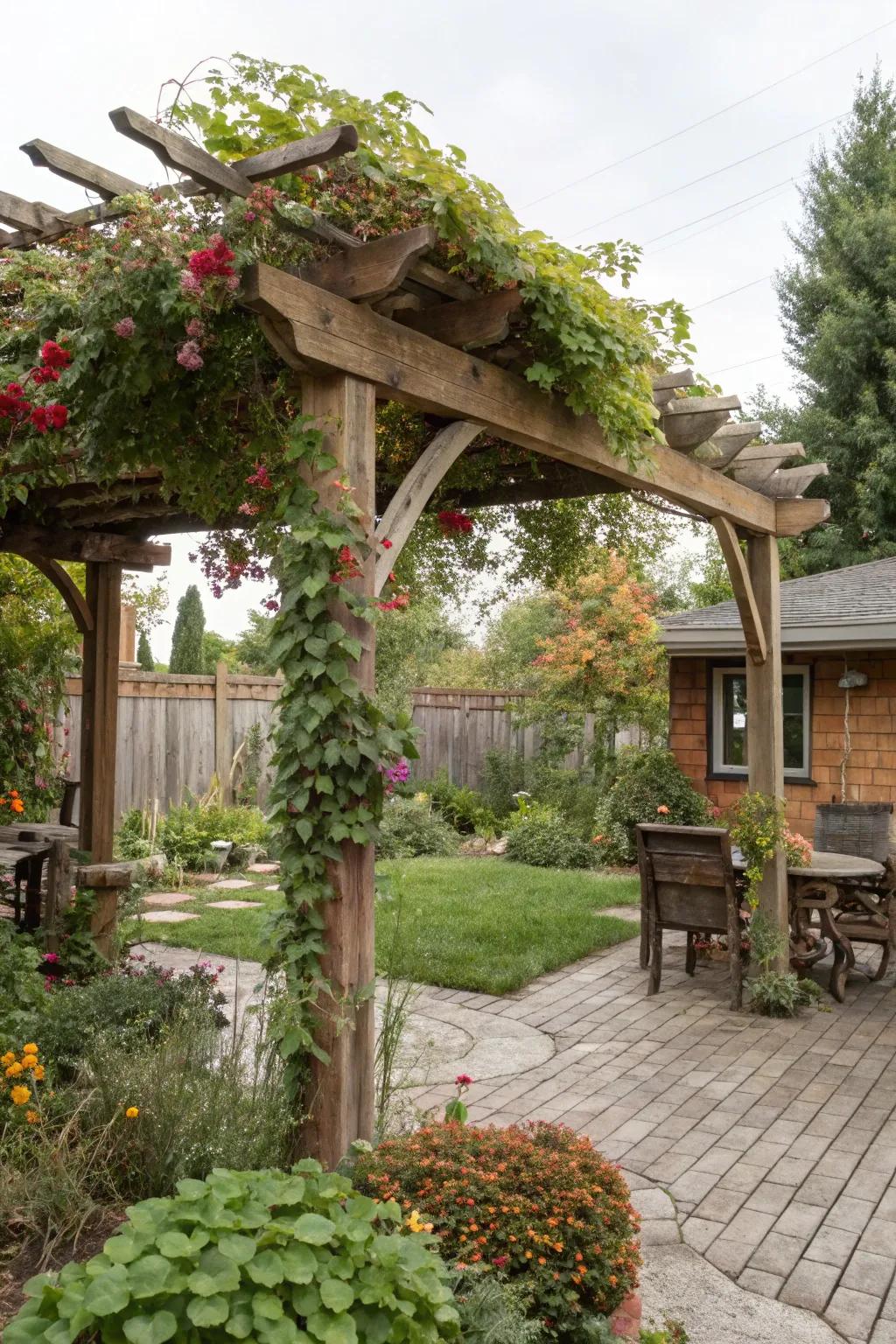 A rustic pergola draped in climbing plants, providing shade and beauty.