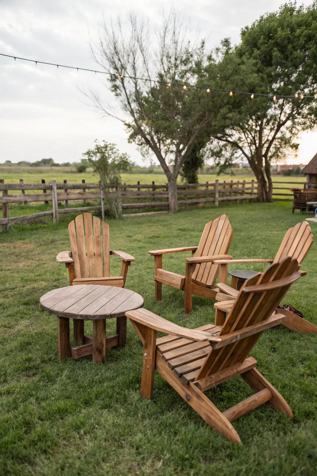 Cozy wooden Adirondack chairs in a rustic backyard, perfect for an afternoon retreat.