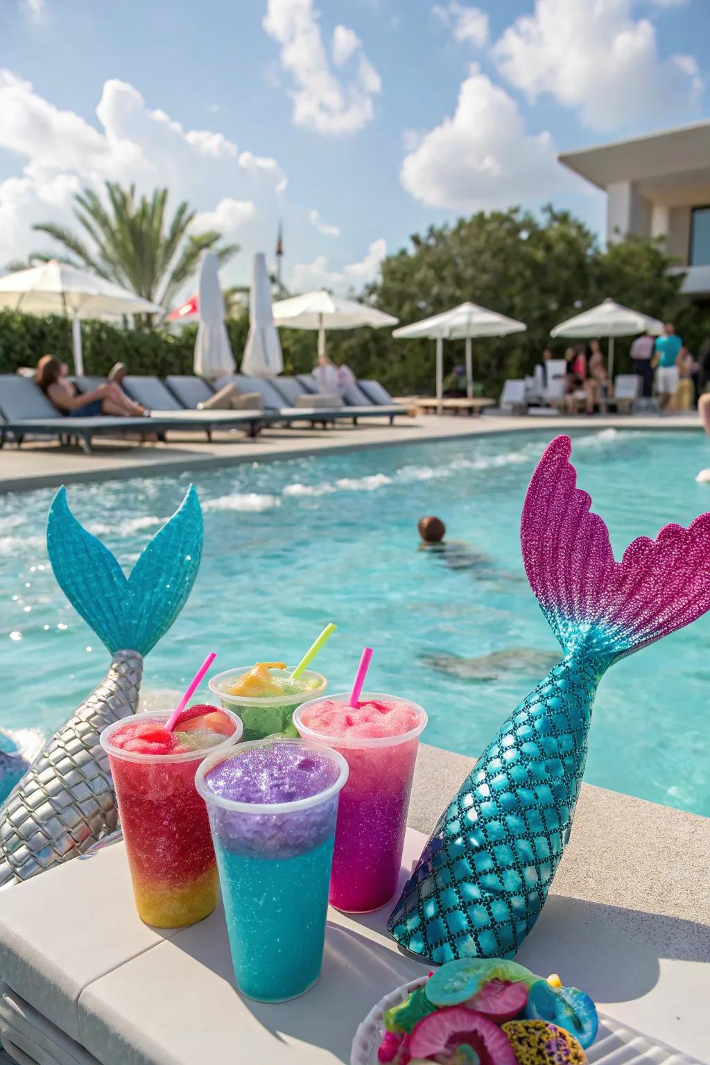 A magical mermaid-themed pool party with enchanting decor.