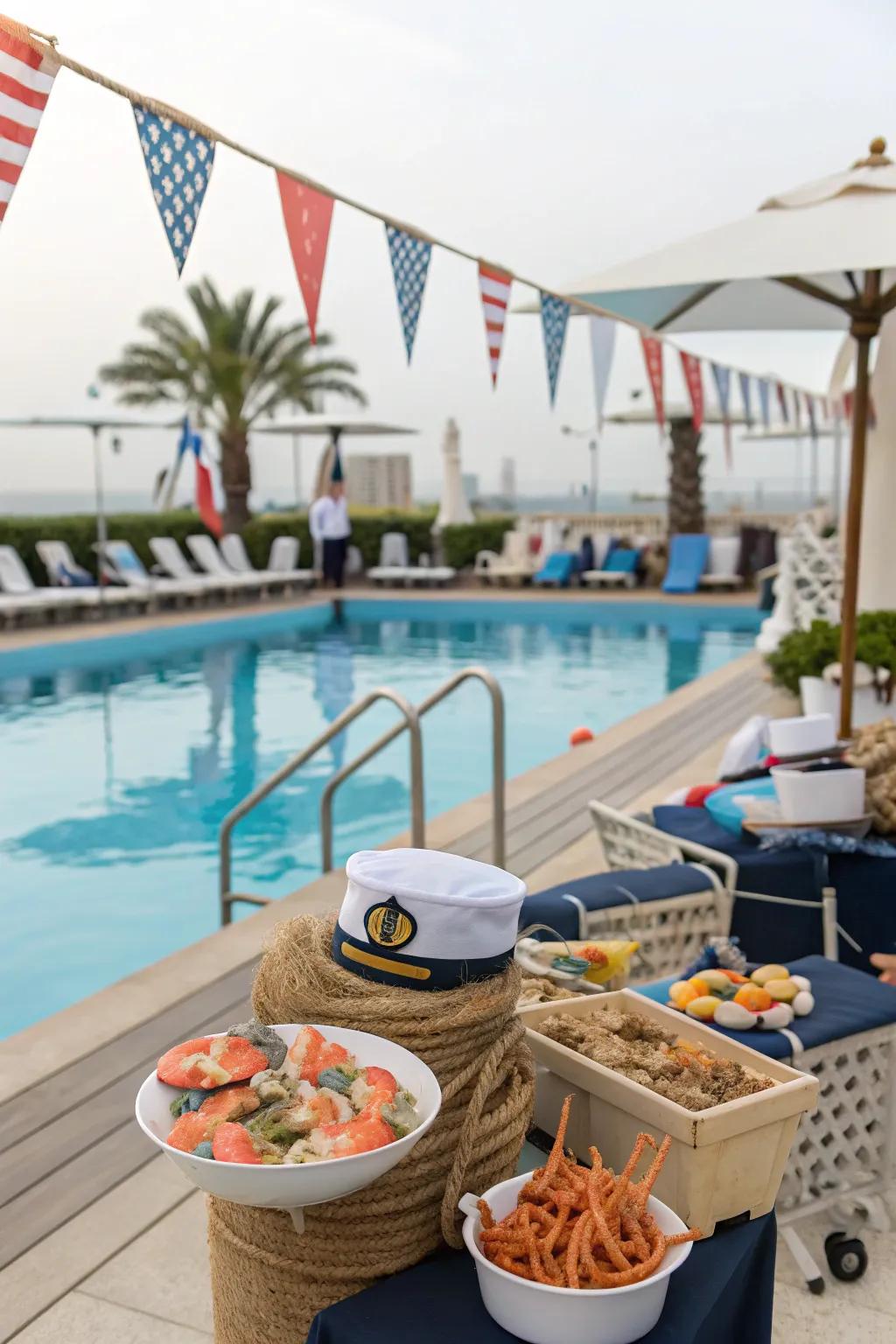 A nautical-themed pool party with maritime decorations.