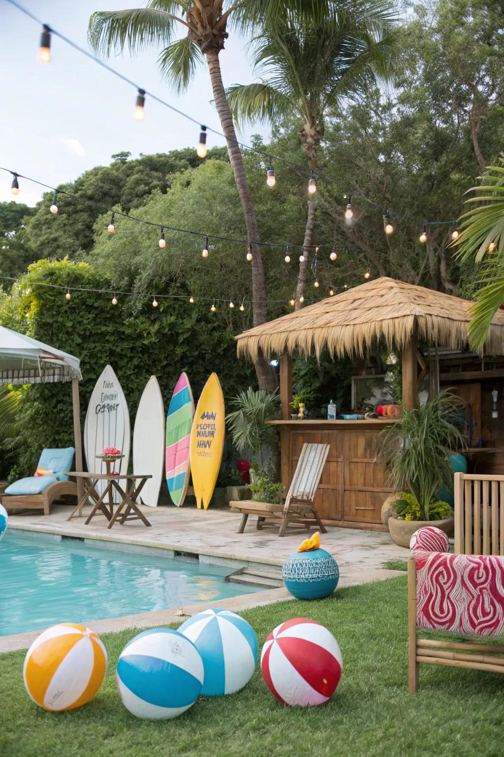 A beach-themed pool party complete with surfboards and tropical drinks.