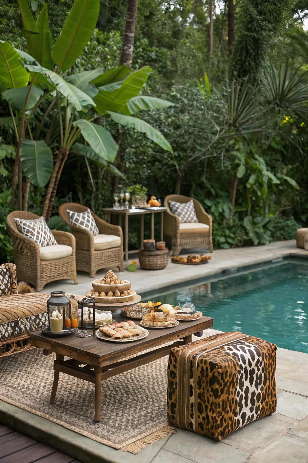 A jungle safari-themed pool party with wild decorations.