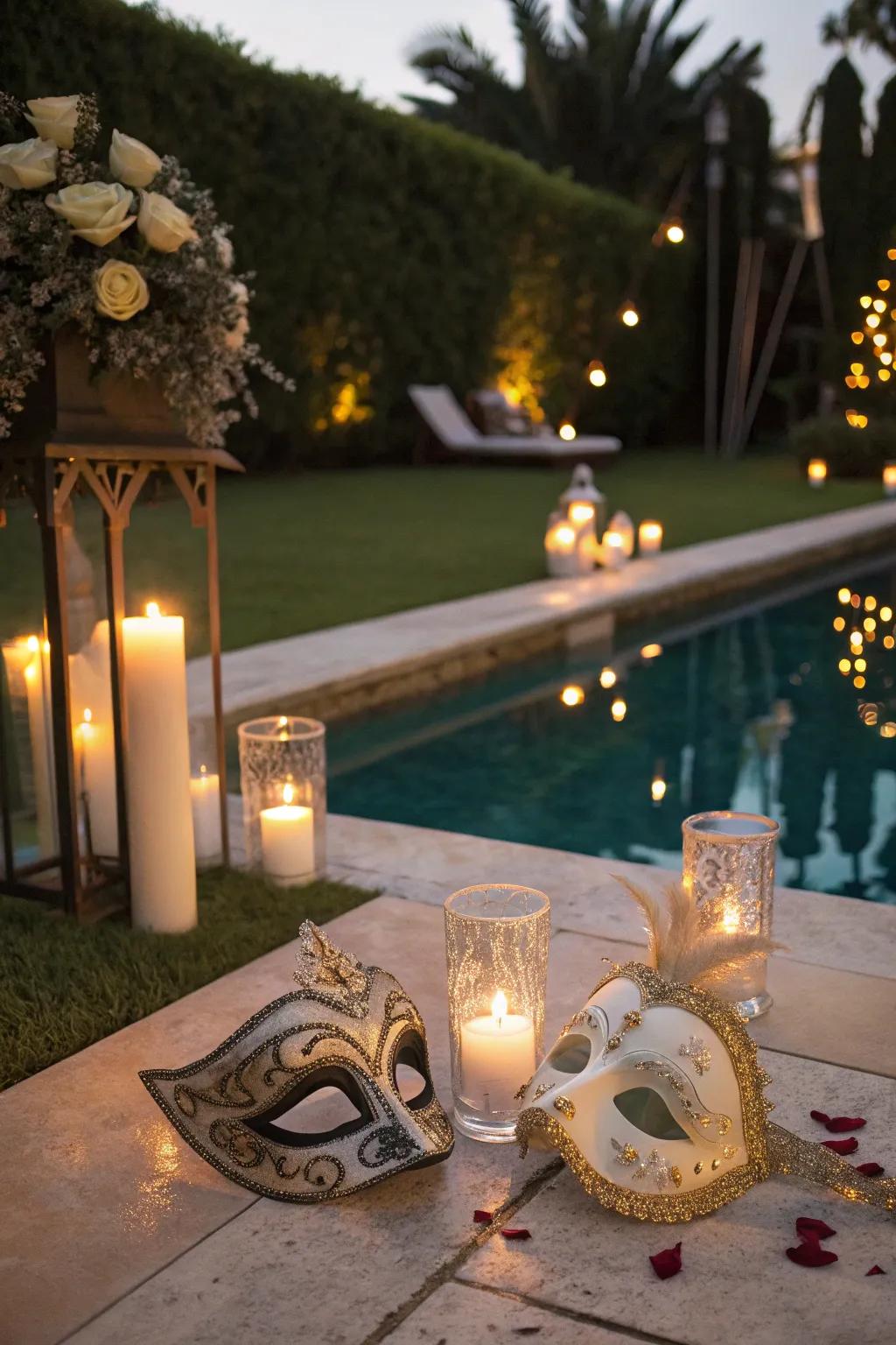A mysterious masquerade-themed pool party under the evening sky.