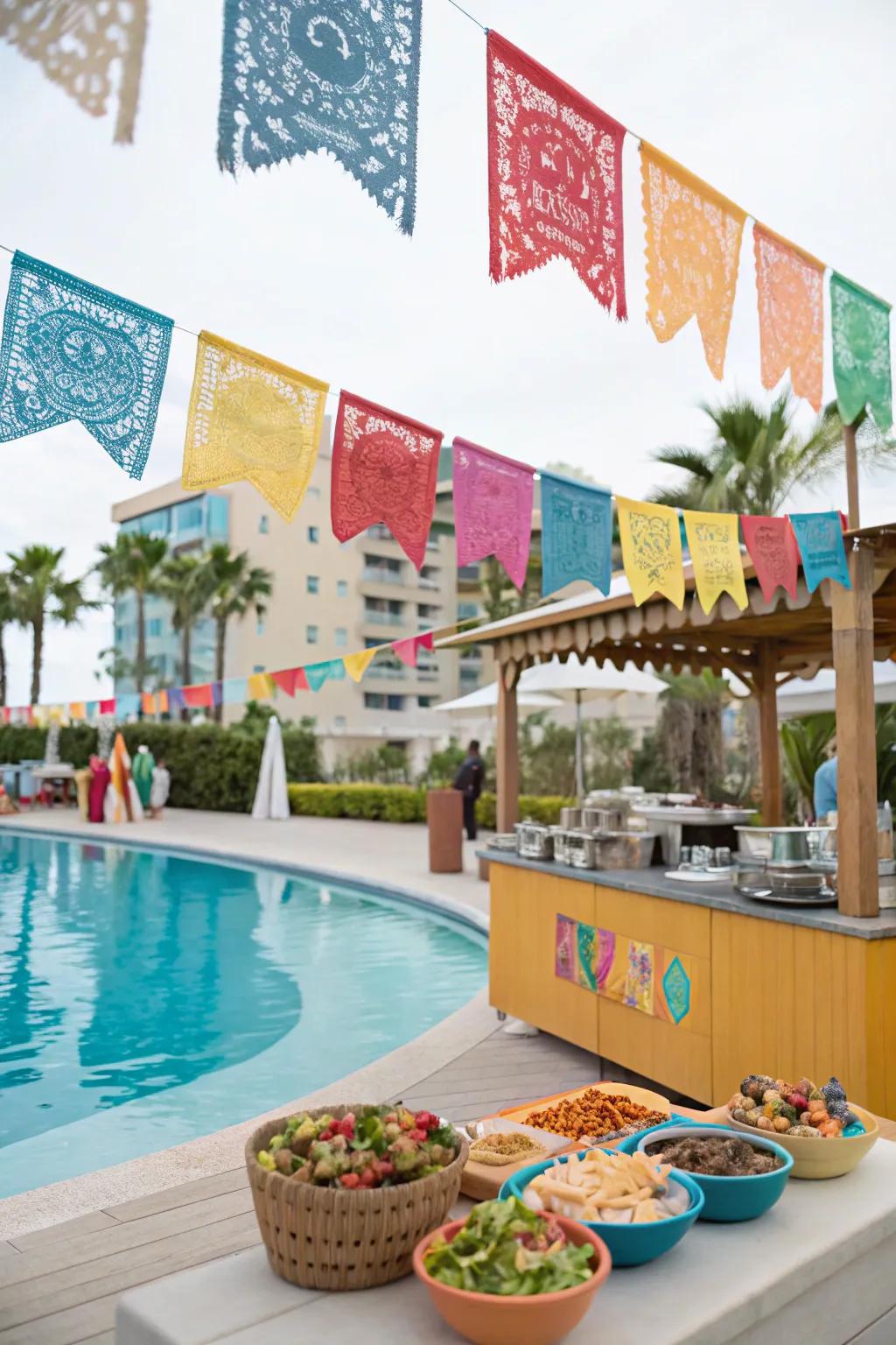 A lively fiesta-themed pool party with bright decorations.