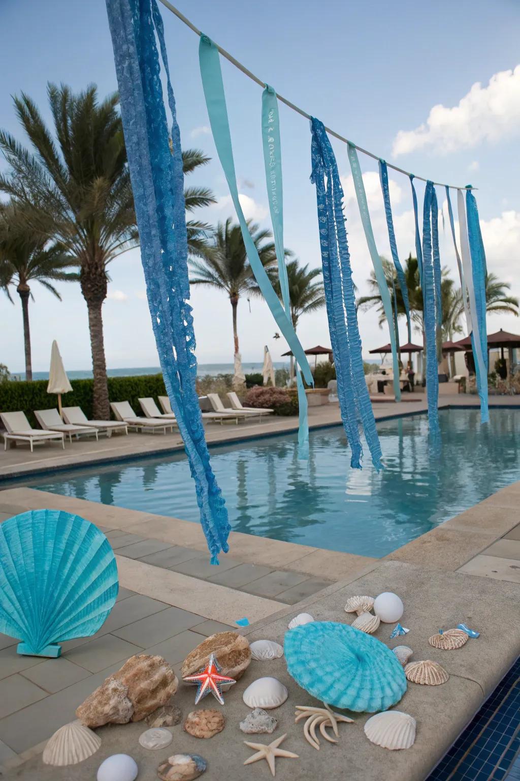 An under-the-sea themed pool party with oceanic decorations.
