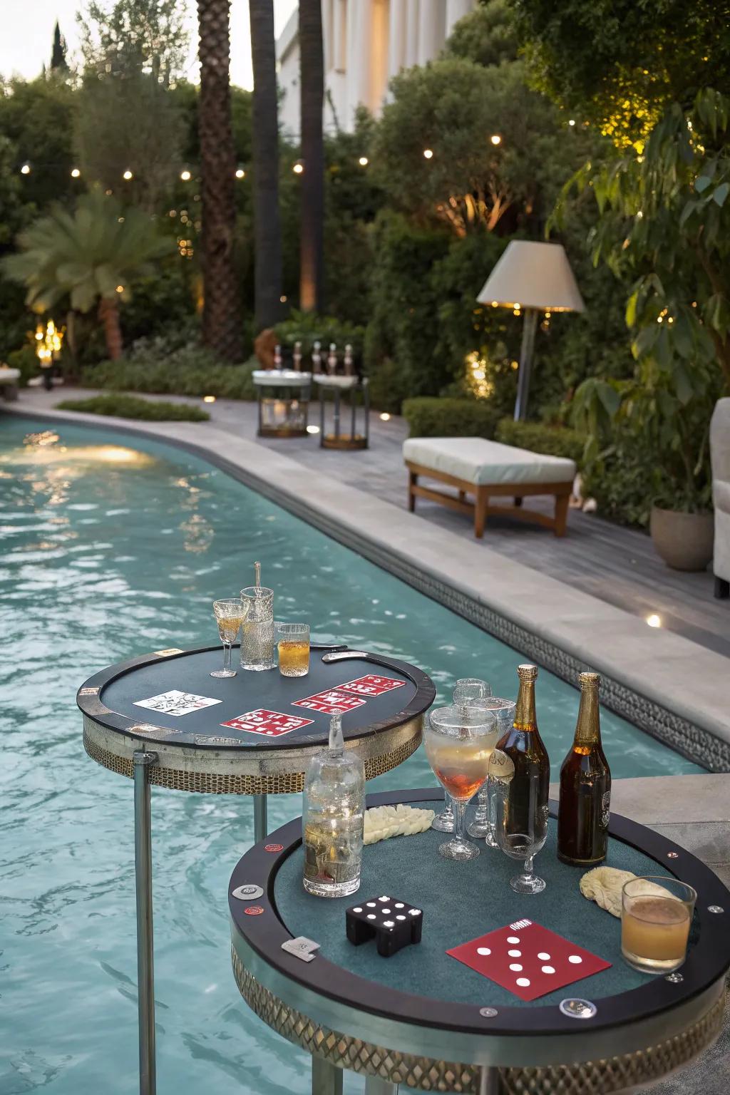 A sophisticated casino night pool party with floating poker tables.