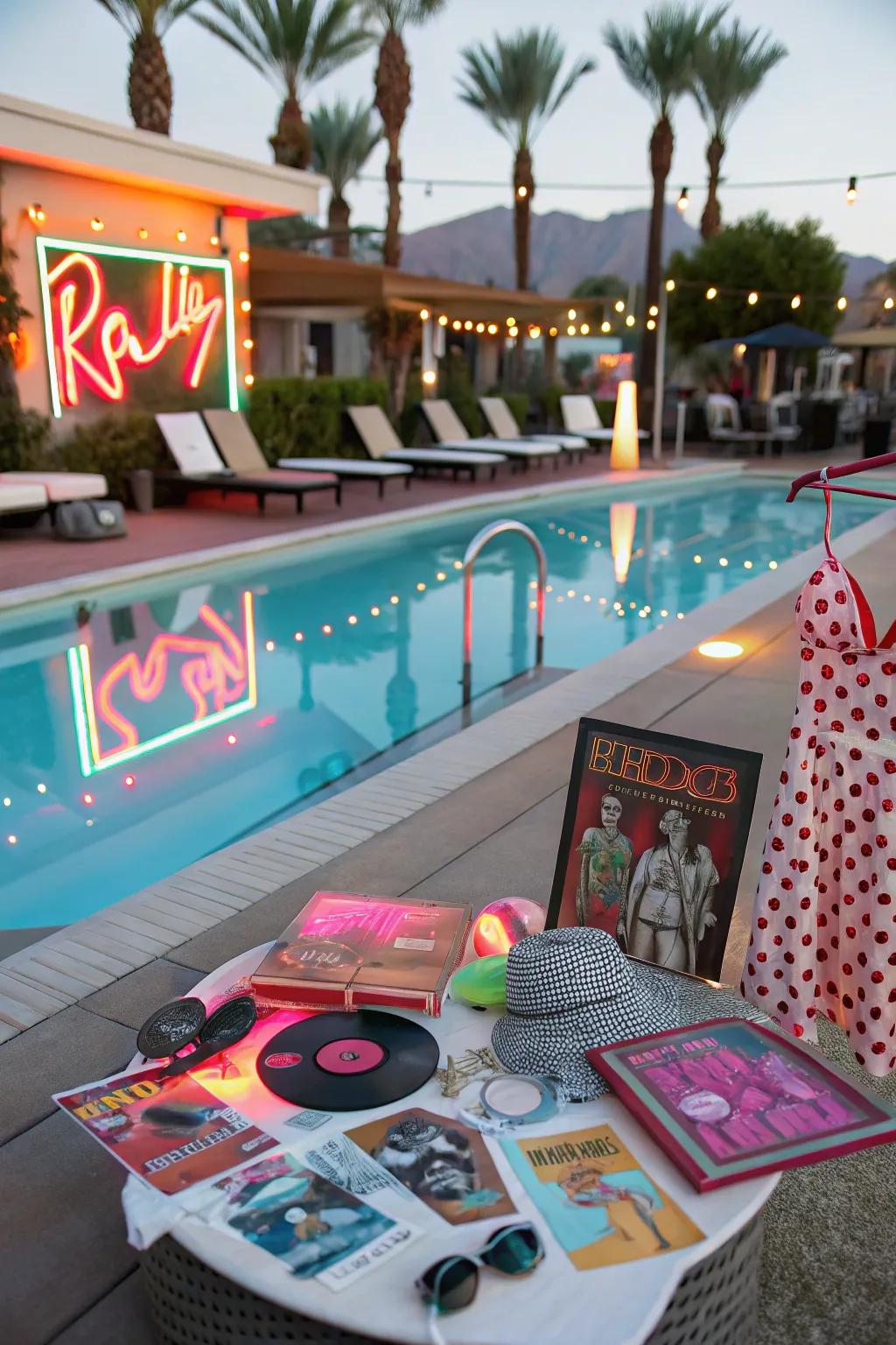 A retro-themed pool party with neon decorations and vintage vibes.