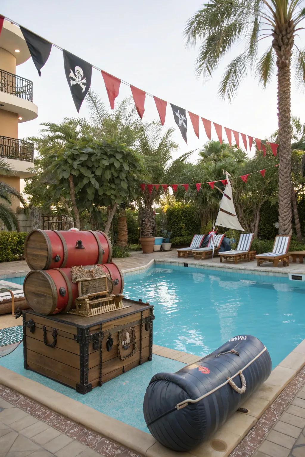 A pirate-themed pool party complete with treasure chests and pirate decor.