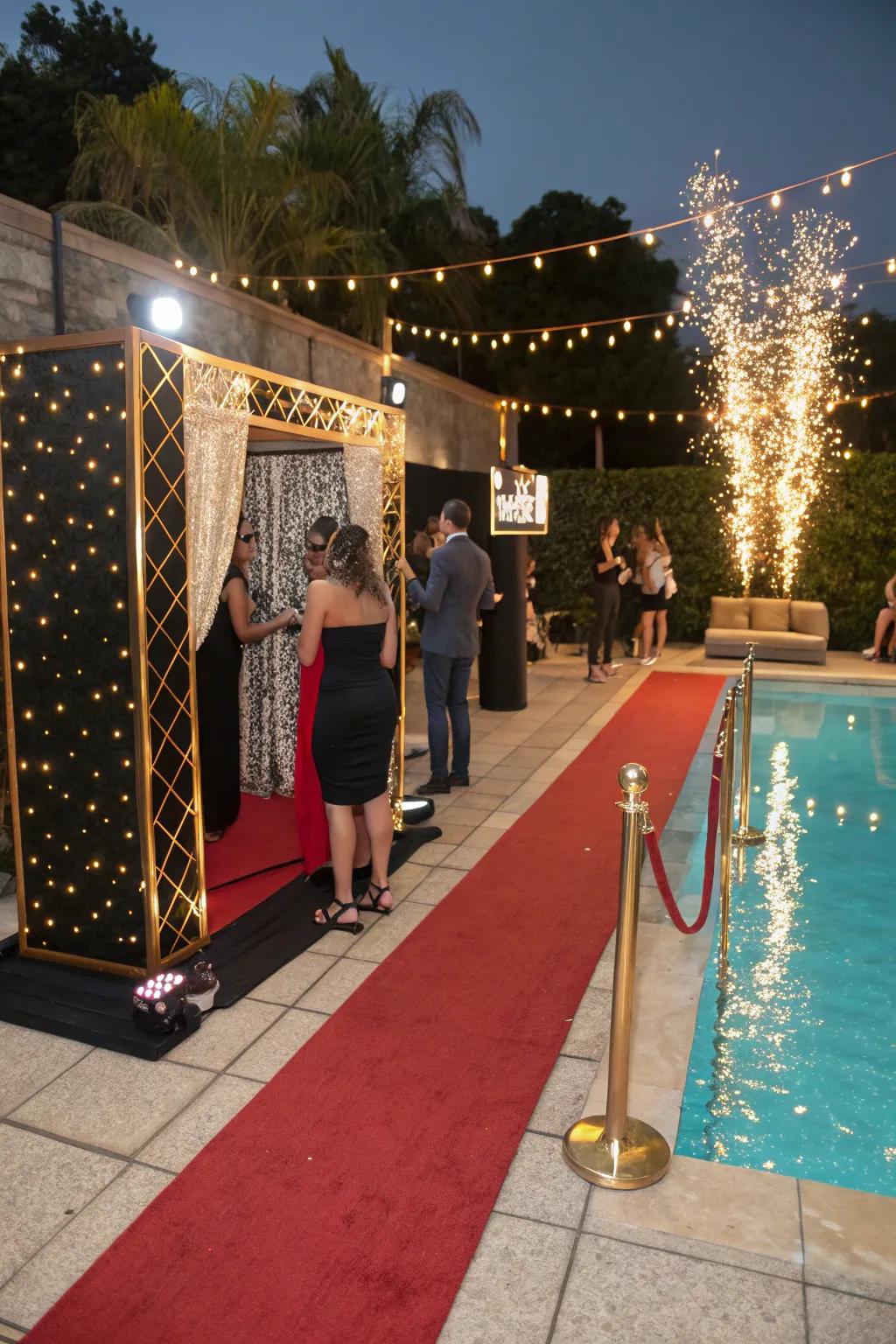 A Hollywood glam pool party with luxurious decorations.