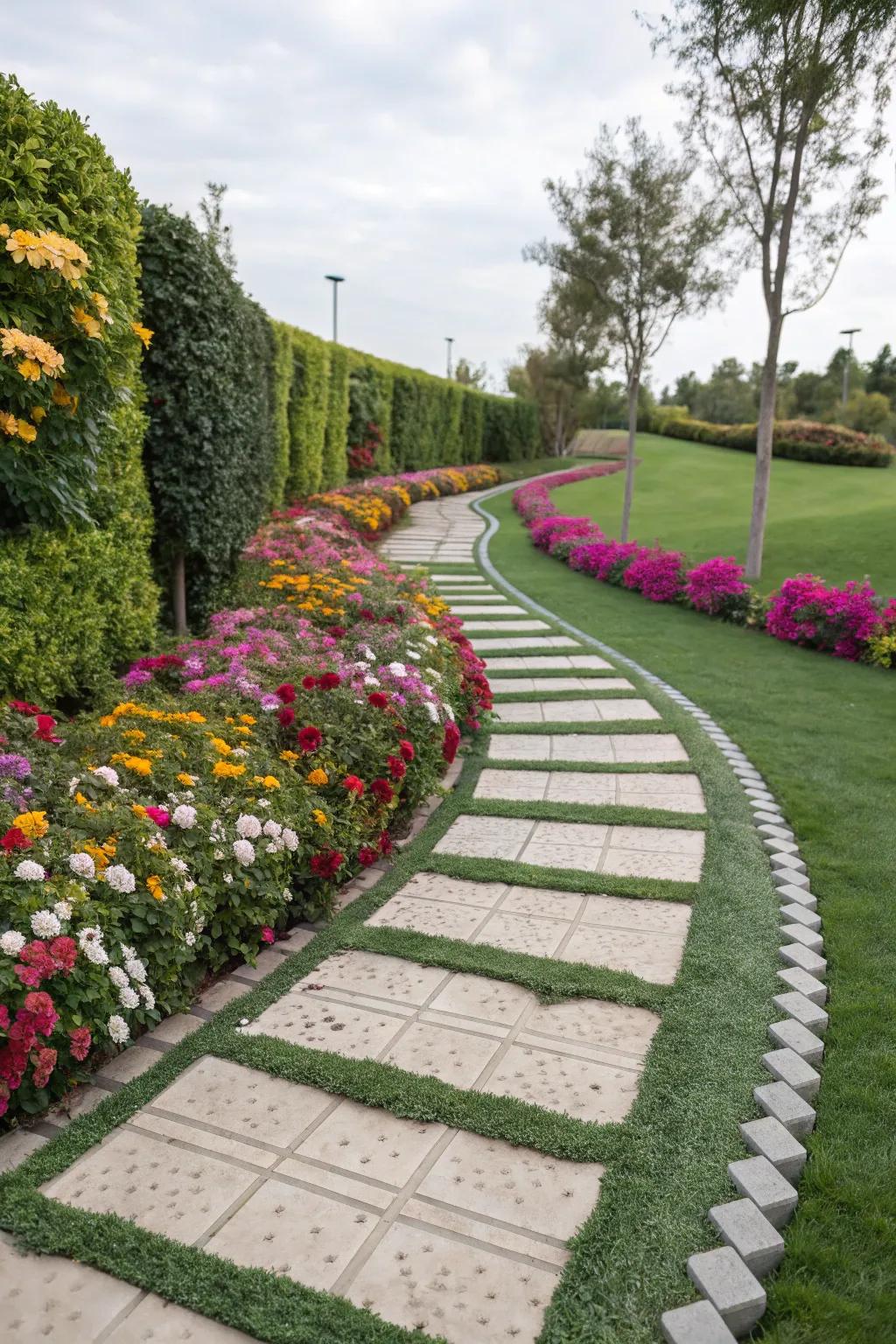 Charming garden pathways with pavers and turf.