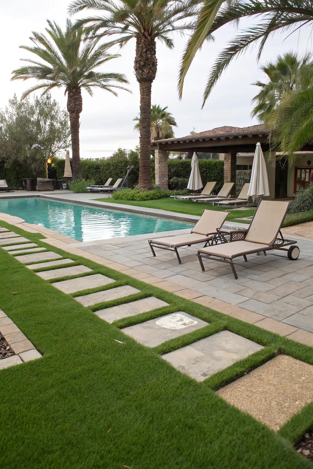 A serene poolside retreat with turf and pavers.